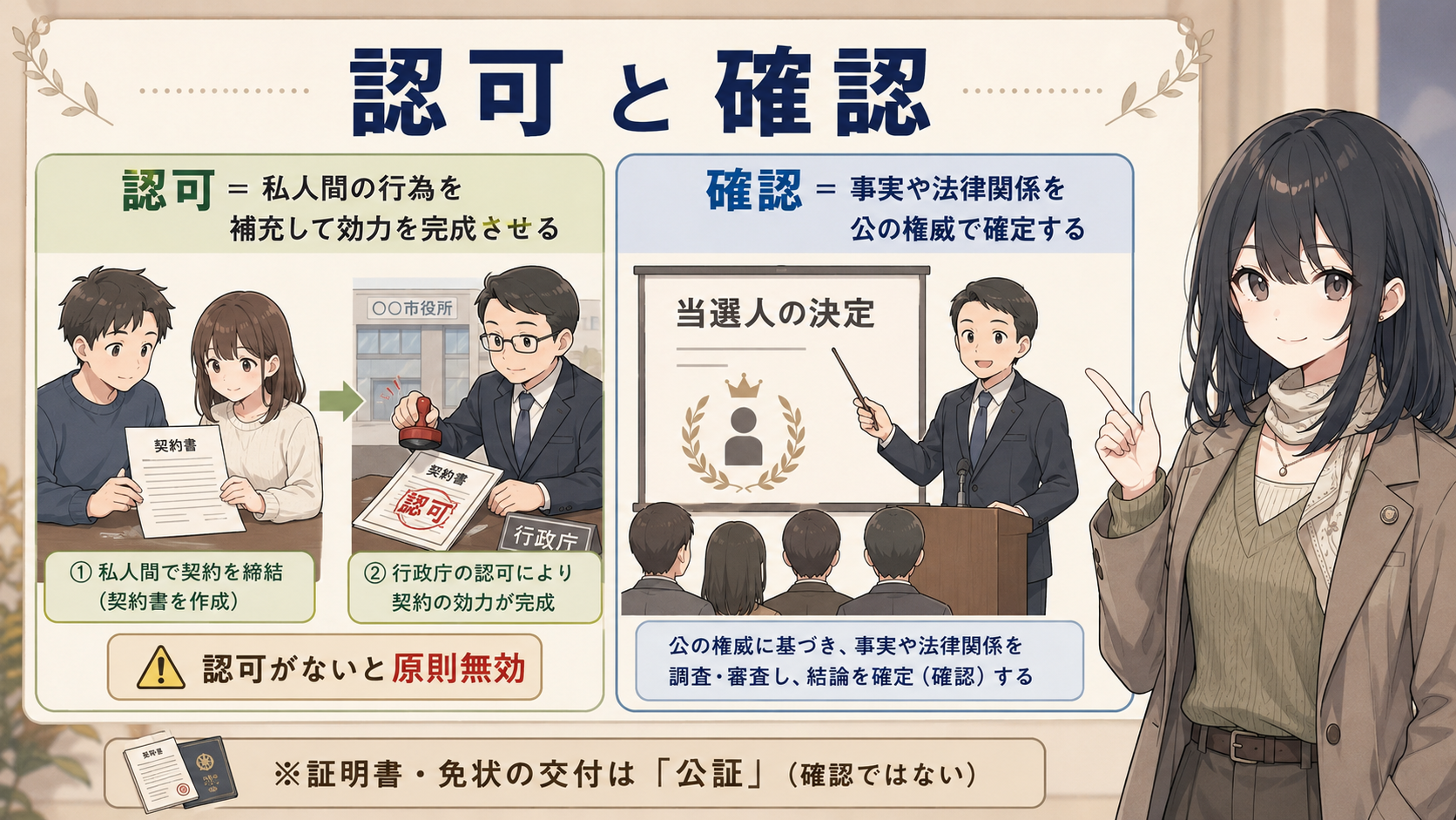認可と確認の対比。認可＝私人間の行為を補充して効力を完成させる（認可がないと原則無効）。確認＝事実や法律関係を公の権威で確定する（当選人の決定）。証明書・免状の交付は公証