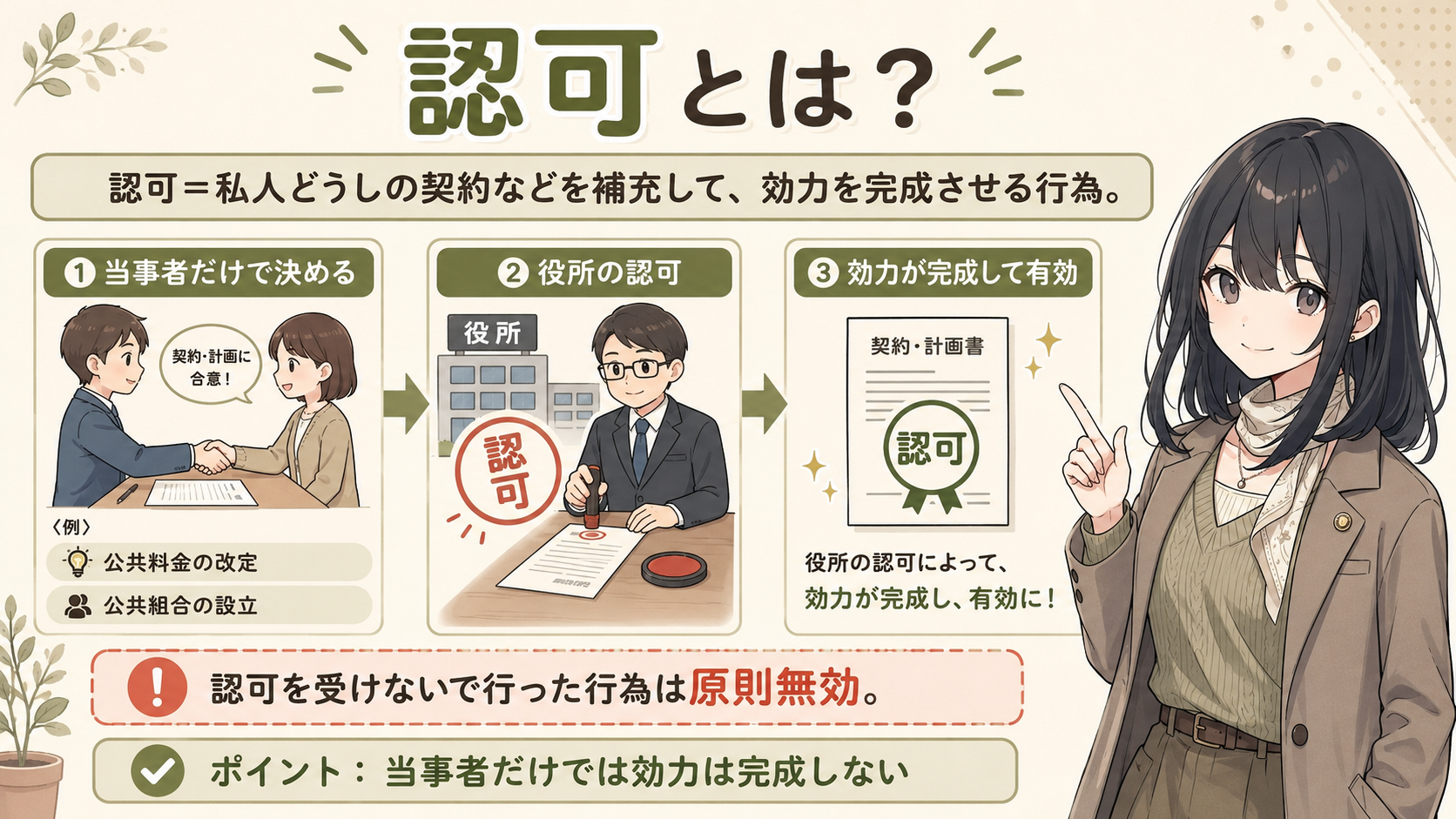 認可とは？①当事者だけで決める（公共料金の改定・公共組合の設立）②役所の認可 ③効力が完成して有効。認可を受けないで行った行為は原則無効。当事者だけでは効力は完成しない