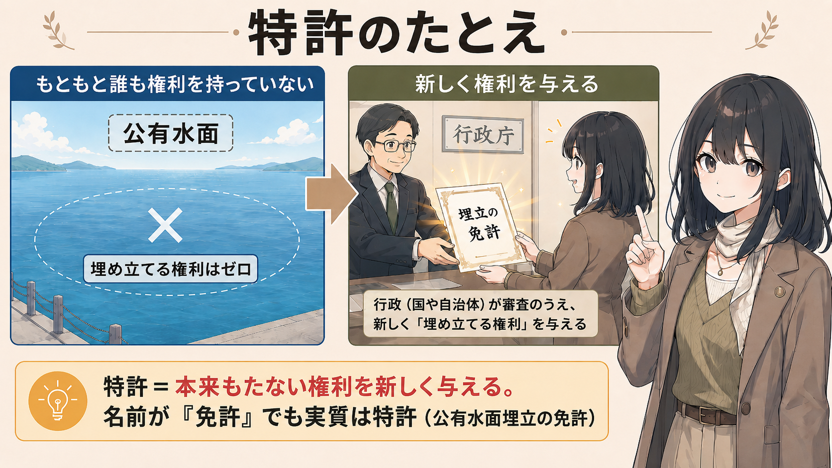 特許のたとえ。公有水面はもともと誰も埋め立てる権利を持っていない。行政が審査のうえ、新しく埋め立てる権利を与える。名前が『免許』でも実質は特許