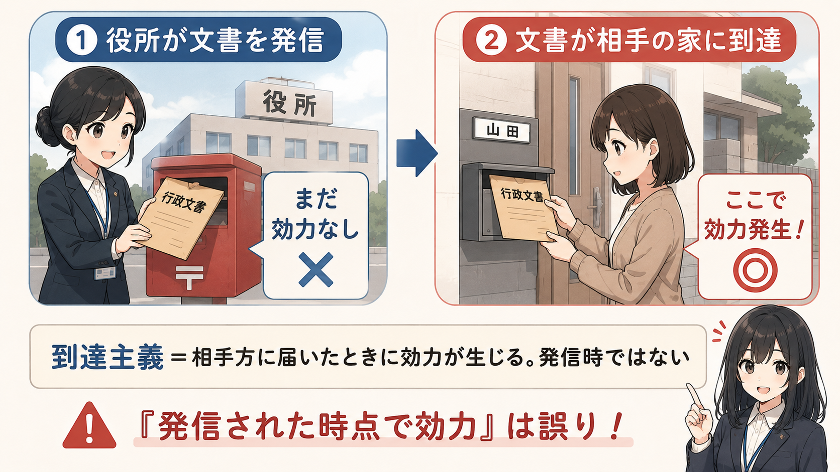 到達主義。①役所が文書を発信した時点ではまだ効力なし ②文書が相手の家に到達したときに効力発生。『発信された時点で効力』は誤り