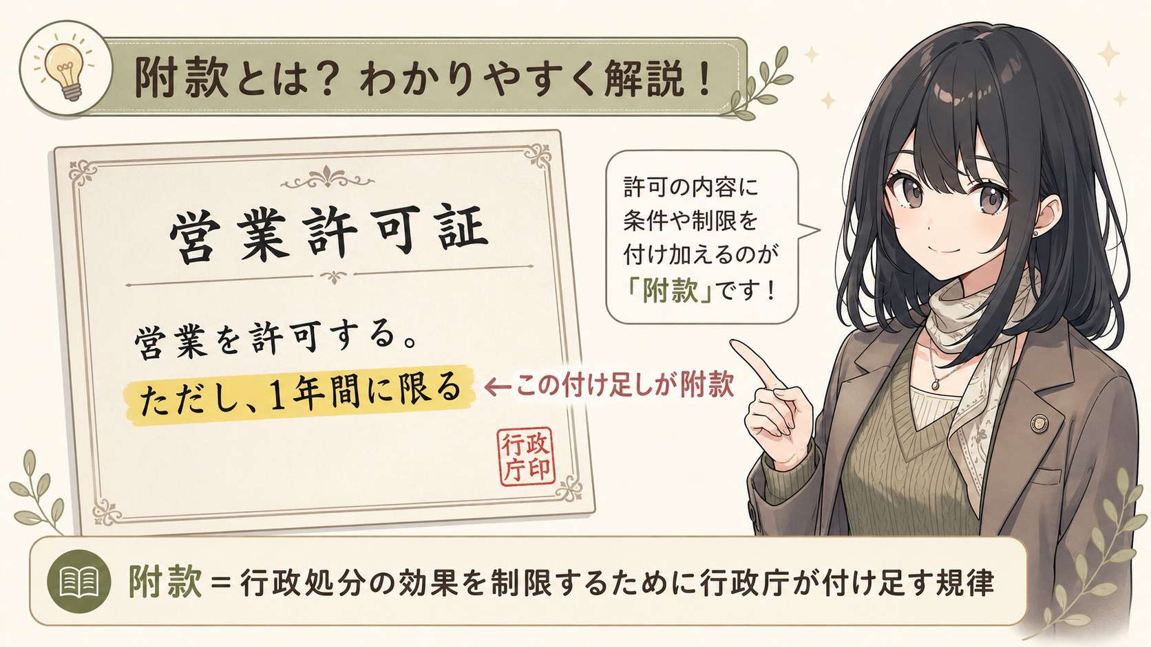 附款とは。営業許可証の本体＝主たる意思表示（営業を許可する）、ただし書き＝従たる意思表示（附款）。本体におまけの条件がつくイメージ