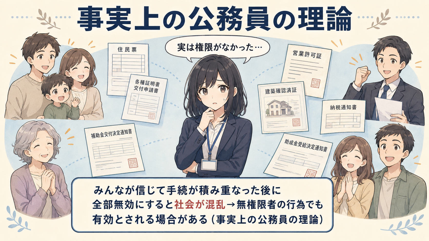 事実上の公務員の理論。任命行為が無効だった公務員でも、その人が行った行為は有効として扱われる。市民の信頼と法的安定性を守るため