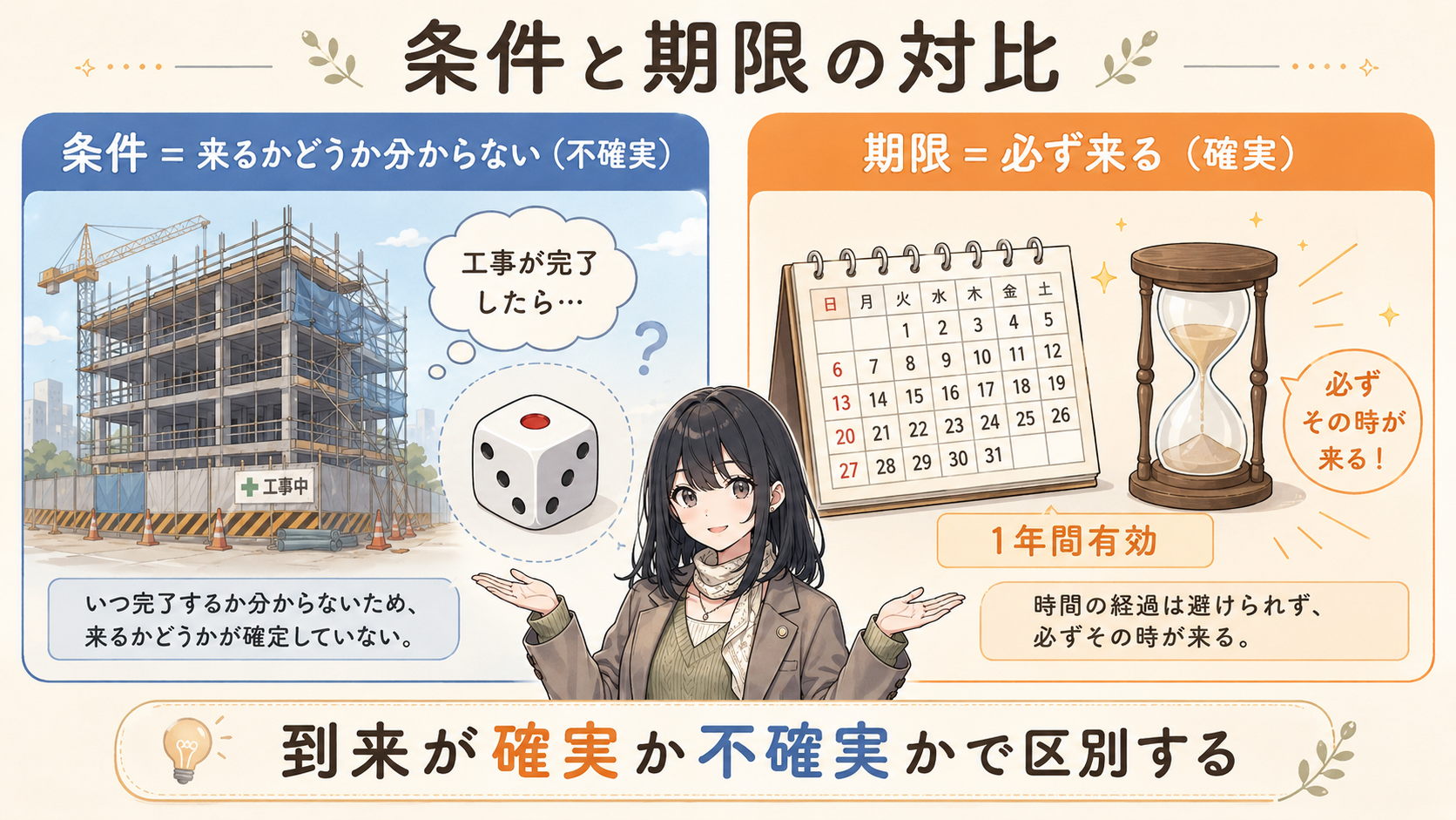 条件と期限の対比。条件＝来るかどうか不確実な事実にかからせる（例：道路が完成したら）。期限＝来ることが確実な事実にかからせる（例：3月31日まで）
