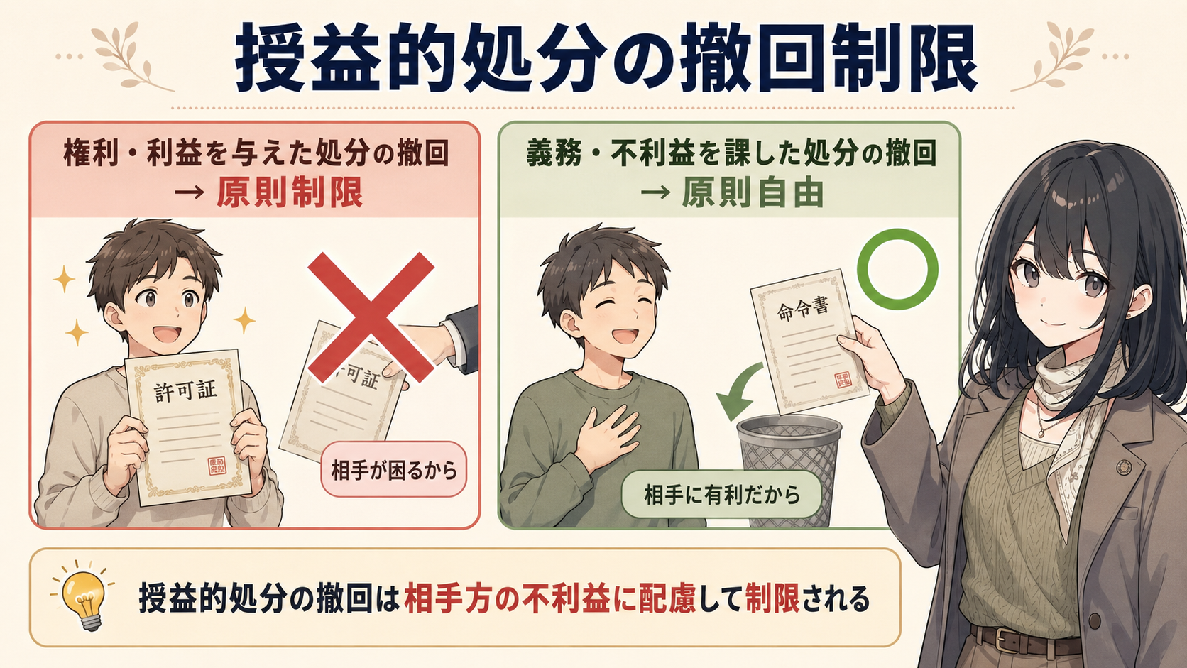 授益的処分の撤回制限。相手に利益を与える処分（許可・年金支給決定など）は相手方の信頼保護のため簡単には取り消せない。公益上の必要が相手の不利益を上回る場合に限られる