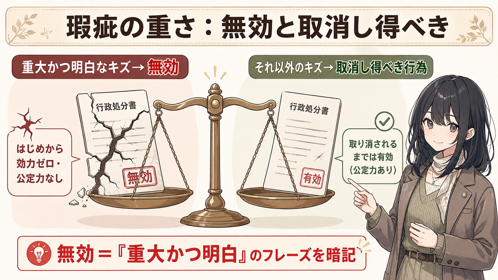 瑕疵の重さの天秤。重大かつ明白な瑕疵→無効（はじめから効力なし）。そこまでではない瑕疵→取り消しうる（取り消されるまでは一応有効）