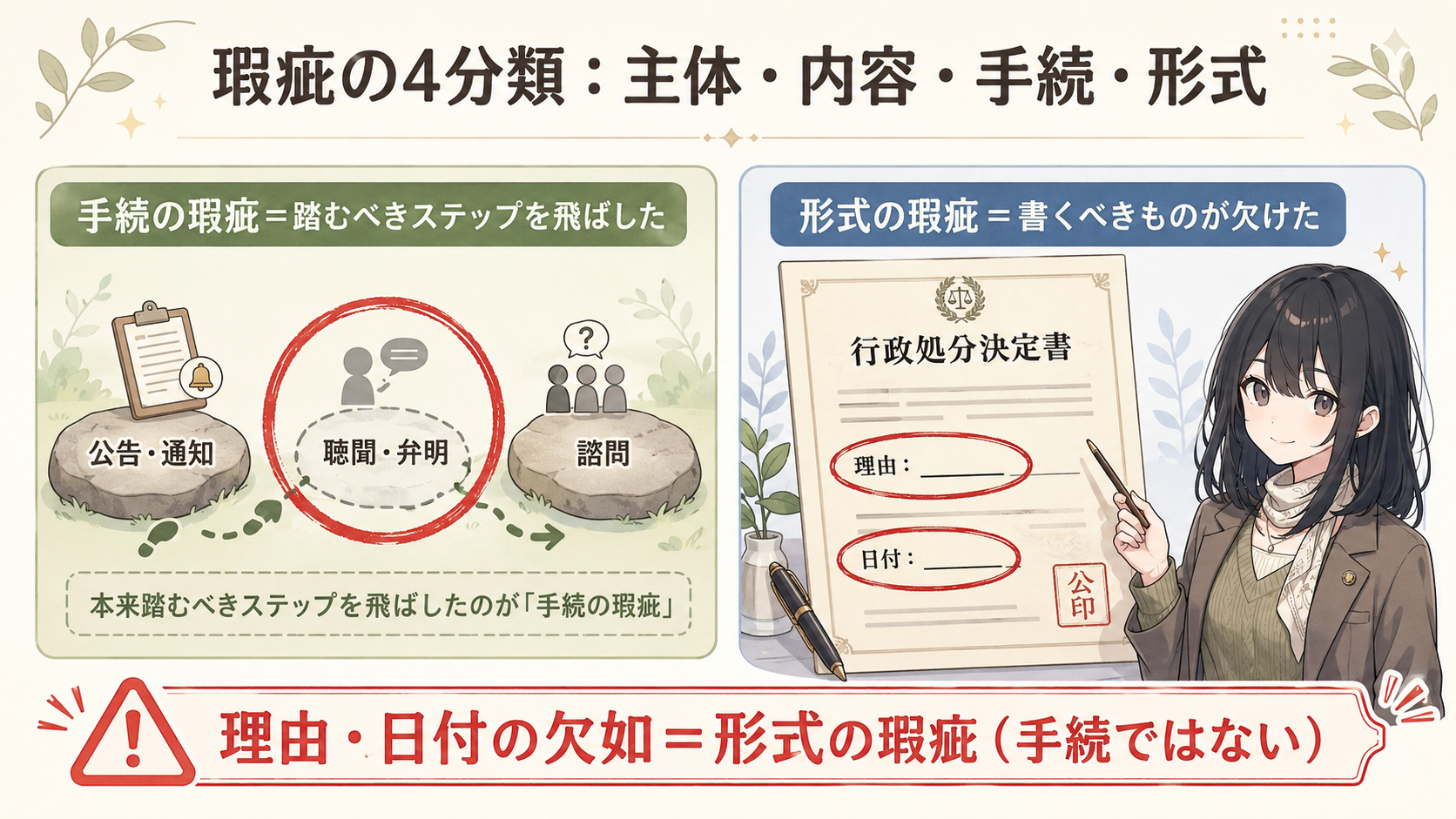 手続の瑕疵と形式の瑕疵の振り分け。手続の瑕疵＝聴聞・弁明の機会の欠如、必要な協議の欠如（進め方のミス）。形式の瑕疵＝理由付記の欠如、署名・日付の欠如（書面のかたちのミス）