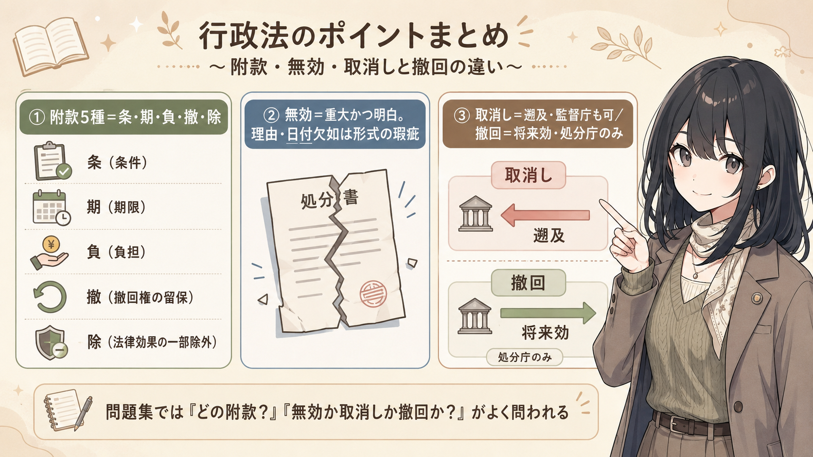 ここだけ覚えればOK。①附款5種＝条・期・負・撤・除 ②無効＝重大かつ明白。理由・日付欠如は形式の瑕疵 ③取消し＝遡及・監督庁も可／撤回＝将来効・処分庁のみ