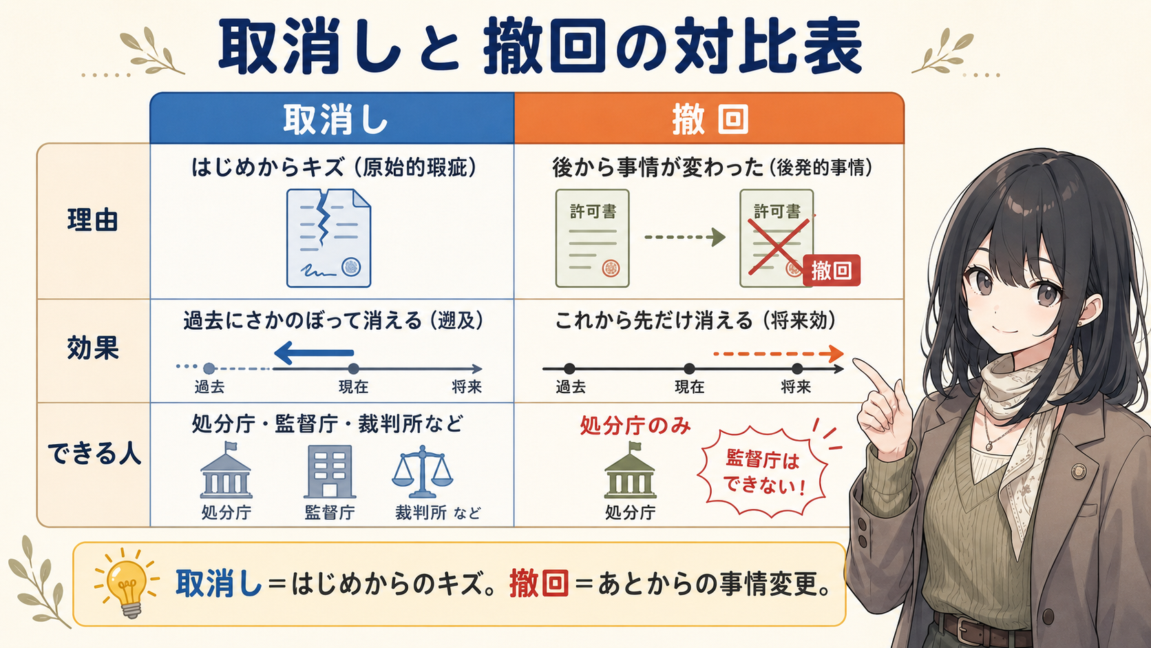 取消しと撤回の対比表。取消し＝原始的瑕疵・遡及効・処分庁と監督庁が可能。撤回＝後発的事情・将来効・処分庁のみ