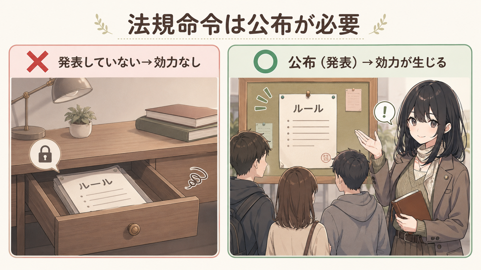 法規命令は公布が必要。発表せず引き出しにしまったまま→効力なし✕。掲示板に貼り出して公布（発表）→効力が生じる○