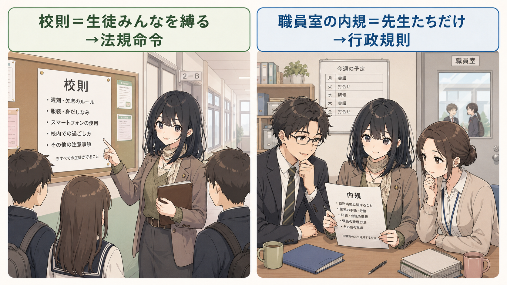 学校のたとえ。校則＝生徒みんなを縛る→法規命令。職員室の内規＝先生たちだけのルールで生徒には関係ない→行政規則