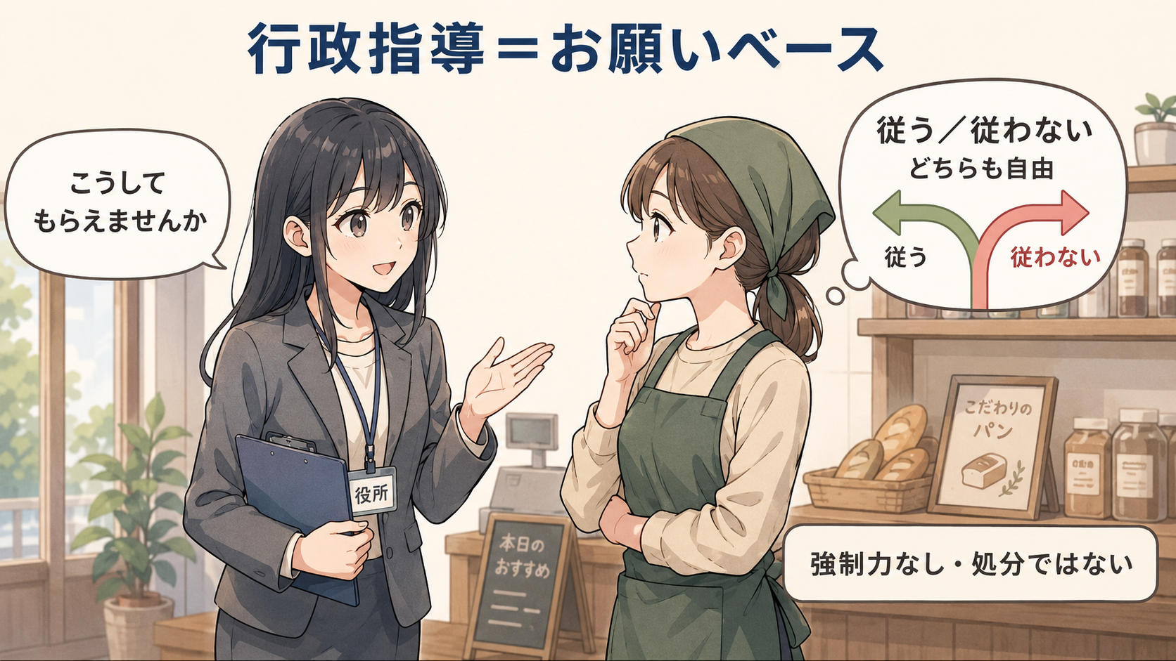行政指導＝お願いベース。役所の人が「こうしてもらえませんか」とお願いし、相手は従う・従わないどちらも自由。強制力なし・処分ではない