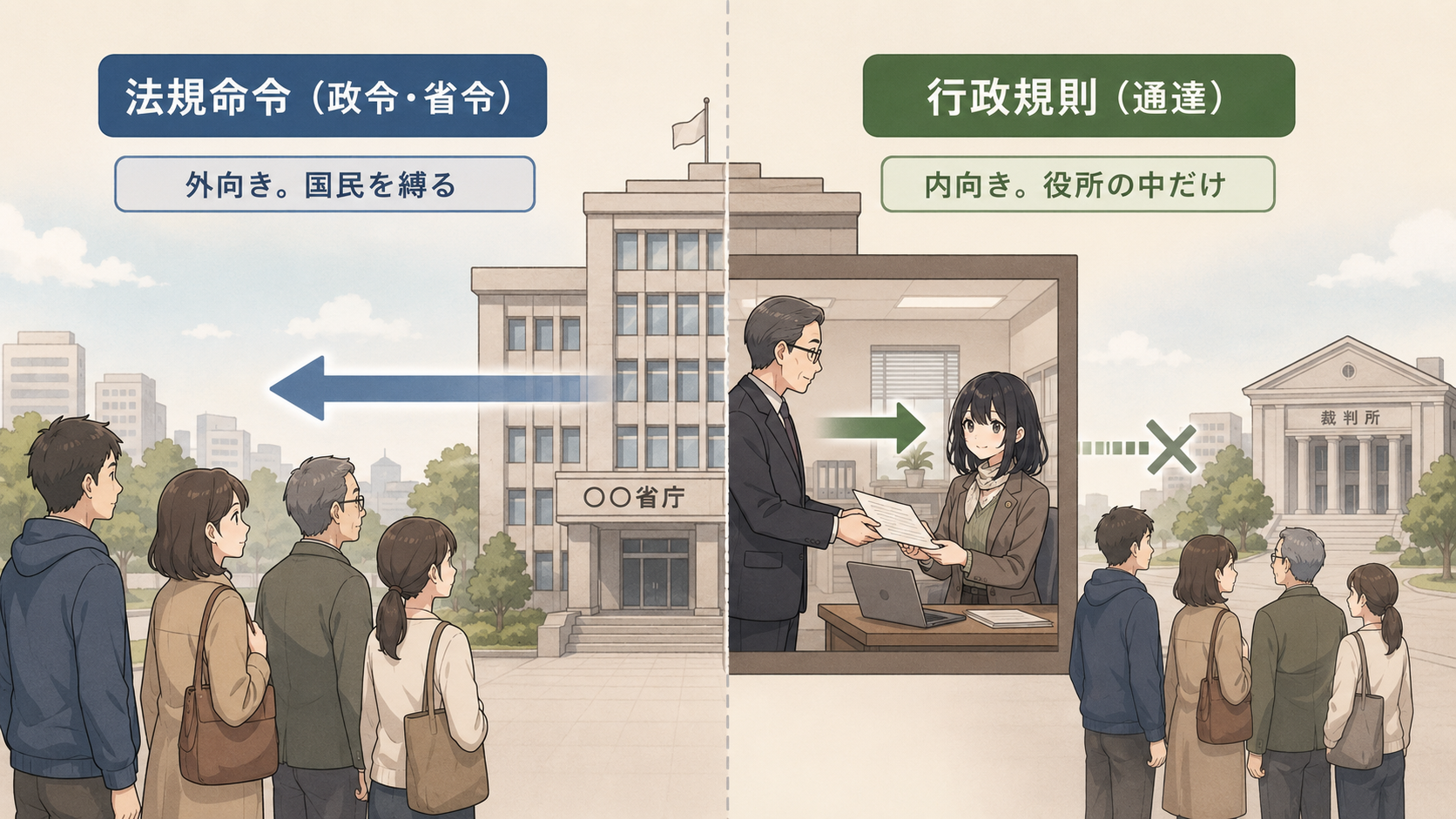 法規命令（政令・省令）＝外向き。国民を縛る。行政規則（通達）＝内向き。役所の中だけで、国民や裁判所には効力が及ばない