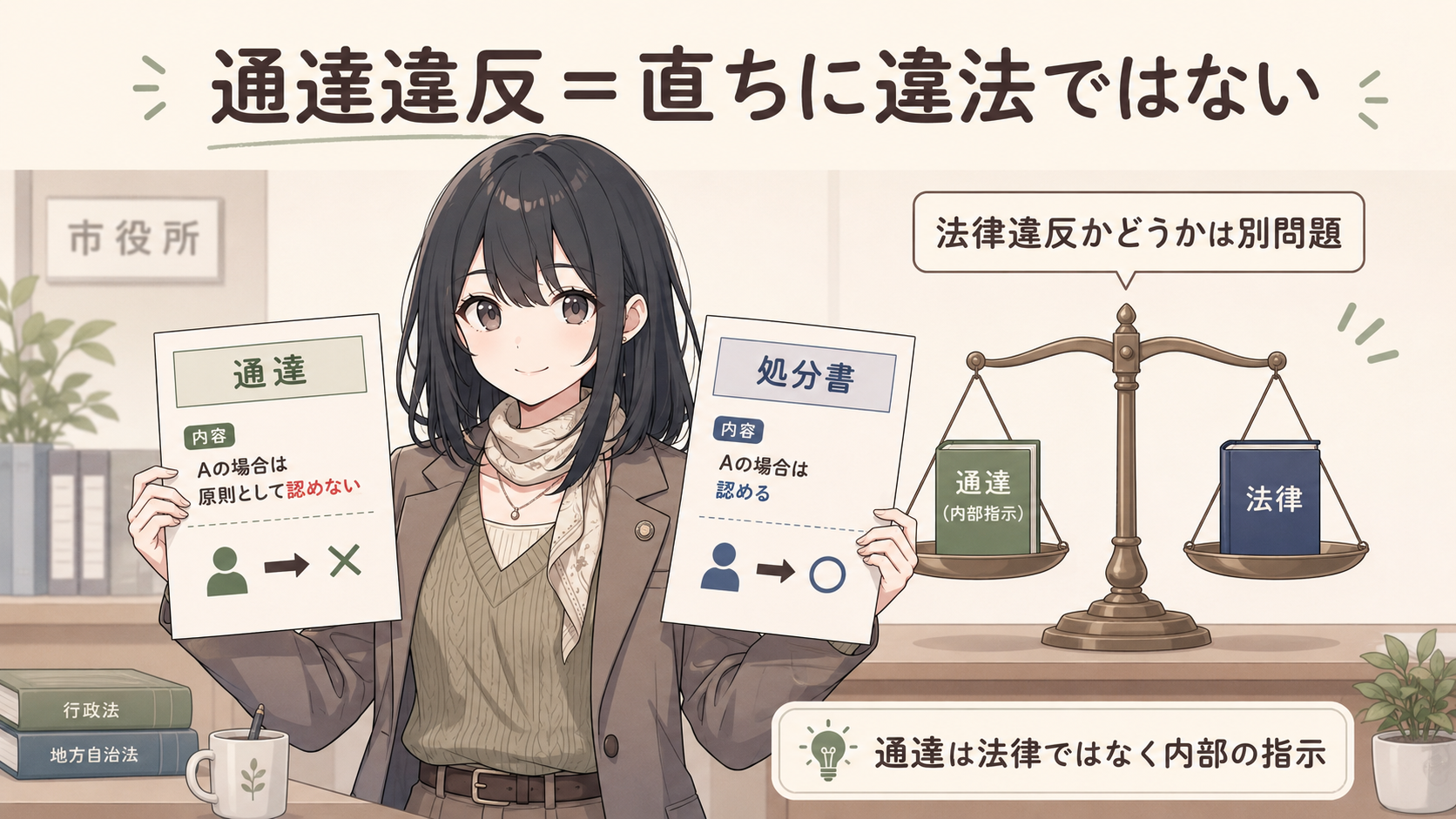 通達違反＝直ちに違法ではない。通達と違う内容の処分をしても、法律違反かどうかは別問題。通達は法律ではなく内部の指示
