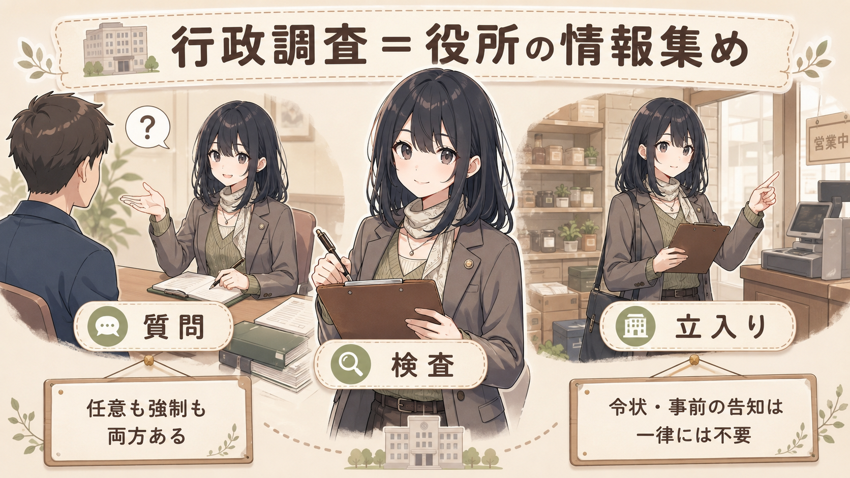 行政調査＝役所の情報集め。質問・検査・立入りなどの方法があり、任意も強制も両方ある。令状・事前の告知は一律には不要
