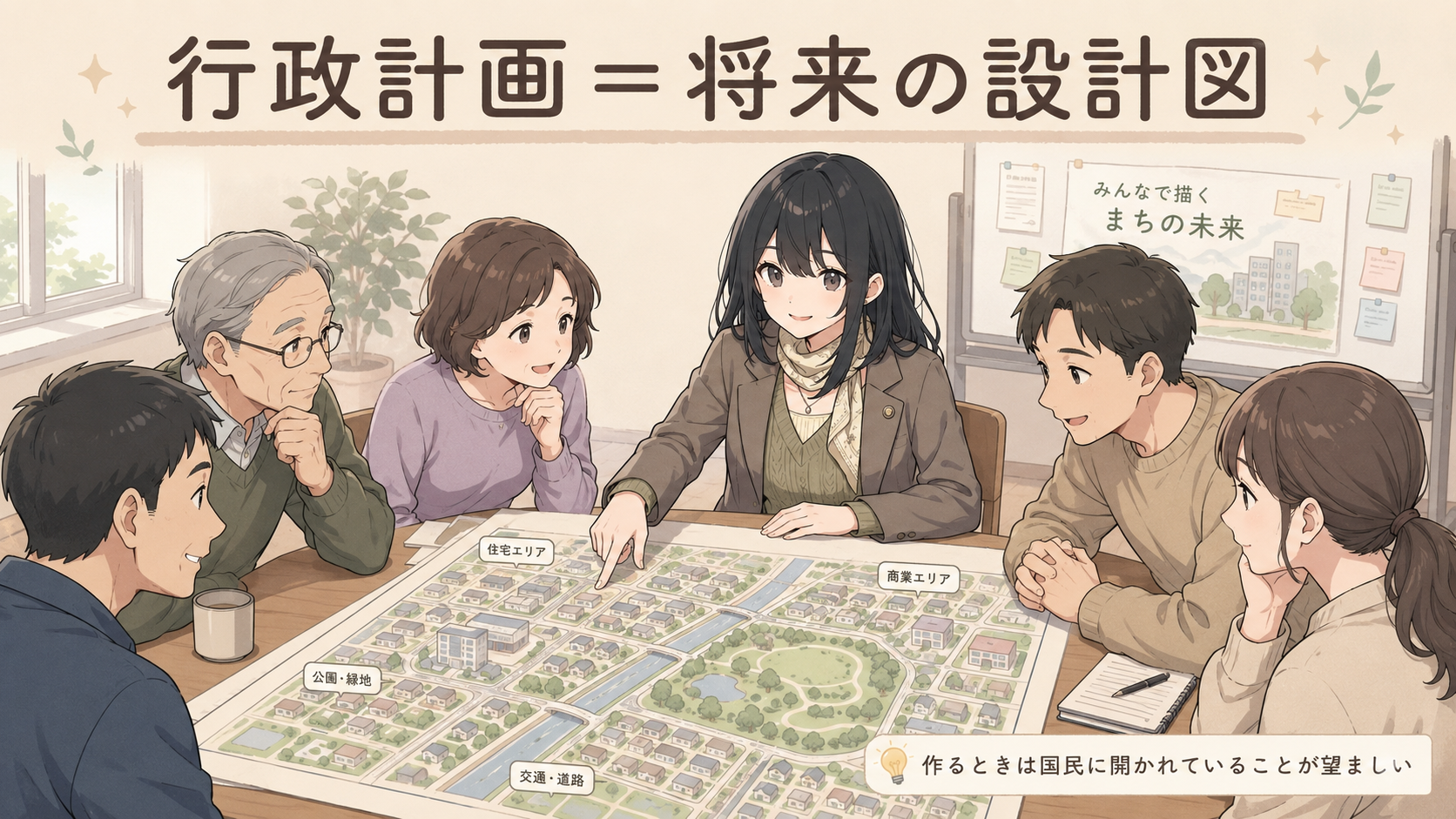 行政計画＝将来の設計図。まちづくりの図面を役所の人と住民が一緒にのぞき込む公聴会の場面。作るときは国民に開かれていることが望ましい