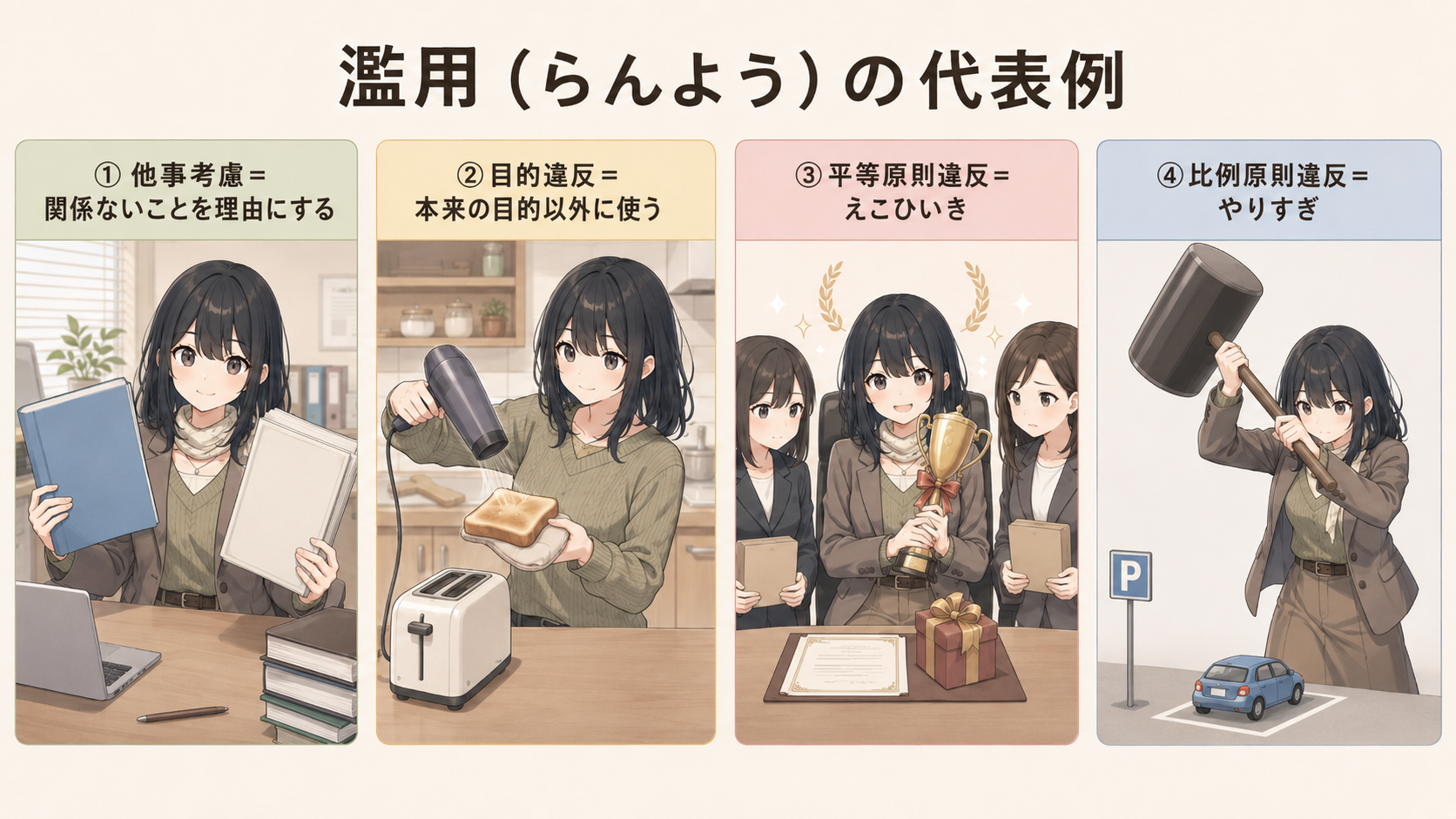 濫用（らんよう）の代表例4つ。①他事考慮＝関係ないことを理由にする ②目的違反＝本来の目的以外に使う ③平等原則違反＝えこひいき ④比例原則違反＝やりすぎ