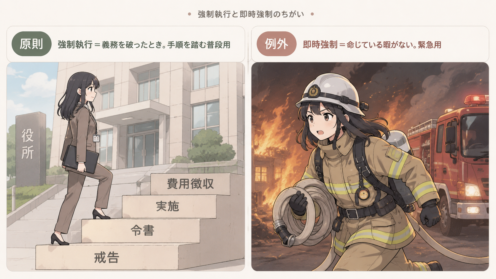 強制執行と即時強制のちがい。原則：強制執行＝義務を破ったとき、手順（戒告→令書→実施→費用徴収）を踏む普段用。例外：即時強制＝命じている暇がない緊急用
