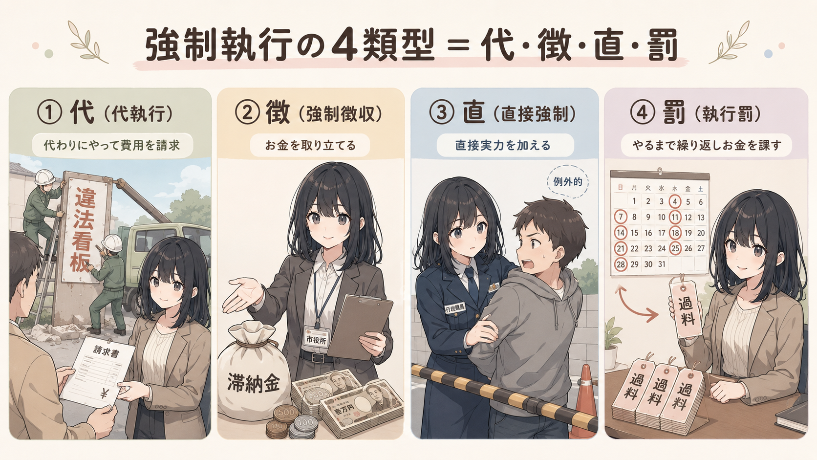 強制執行の4類型＝代・徴・直・罰。①代執行＝代わりにやって費用を請求 ②強制徴収＝お金を取り立てる ③直接強制＝直接実力を加える（例外的）④執行罰＝やるまで繰り返しお金を課す