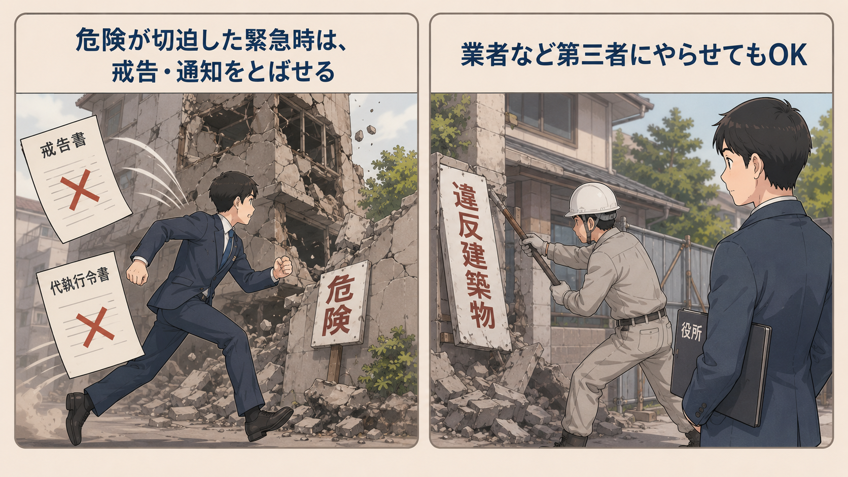 危険が切迫した緊急時は戒告・通知をとばして代執行できる（行政代執行法3条3項）。業者など第三者に行わせることもできる