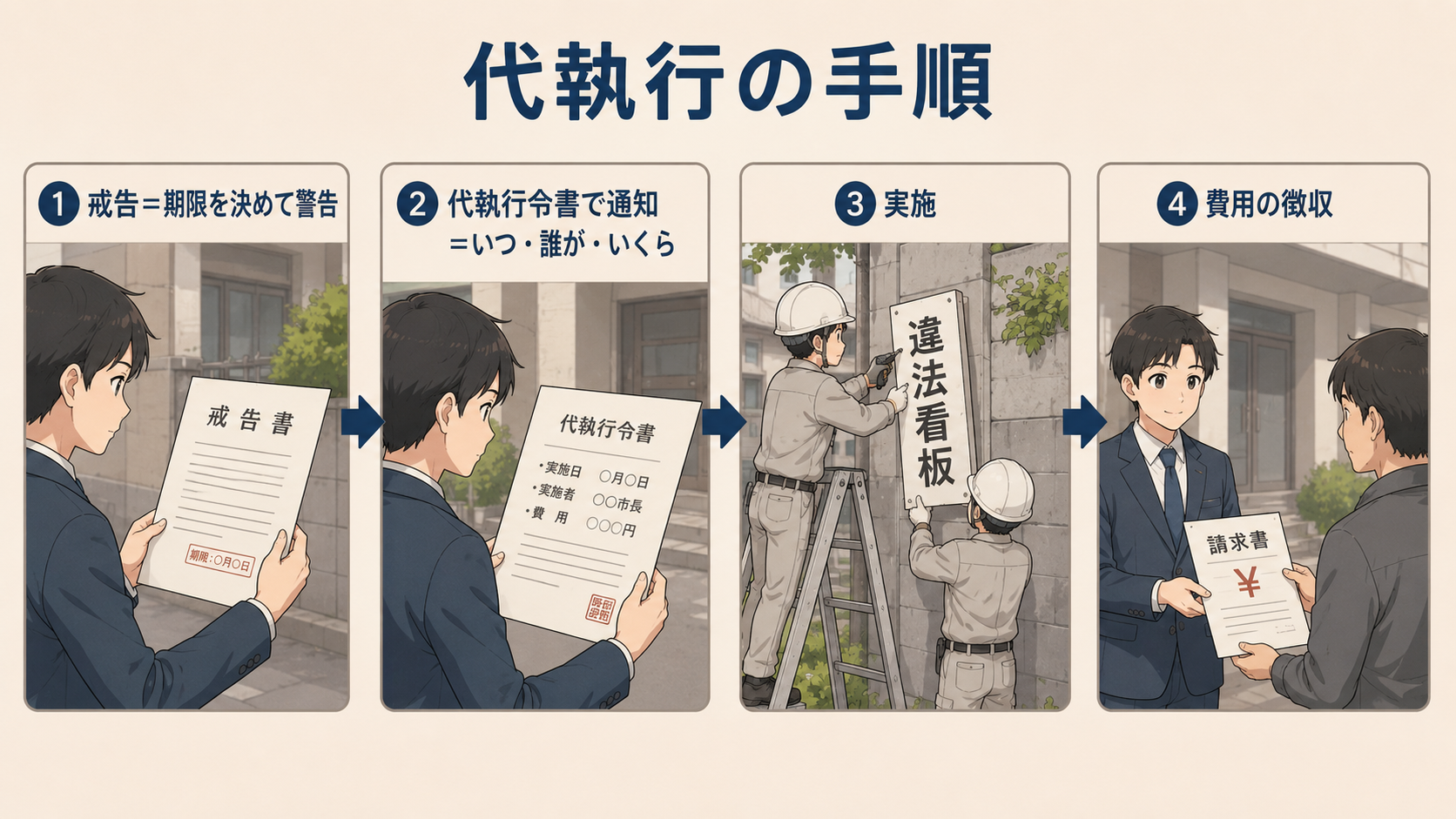 代執行の手順。①戒告＝期限を決めて警告 ②代執行令書で通知＝いつ・誰が・いくら ③実施 ④費用の徴収