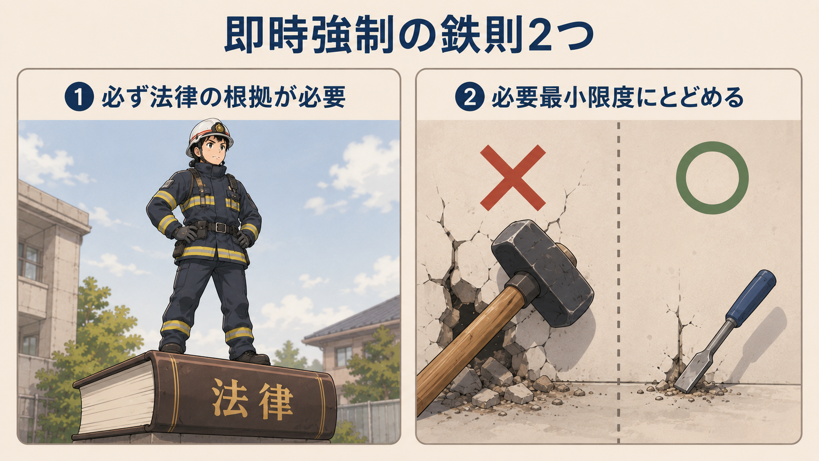 即時強制の鉄則2つ。①必ず法律の根拠が必要（法律の本の上に立つ消防士）②必要最小限度にとどめる（大きなハンマーは✕、小さな工具は○）