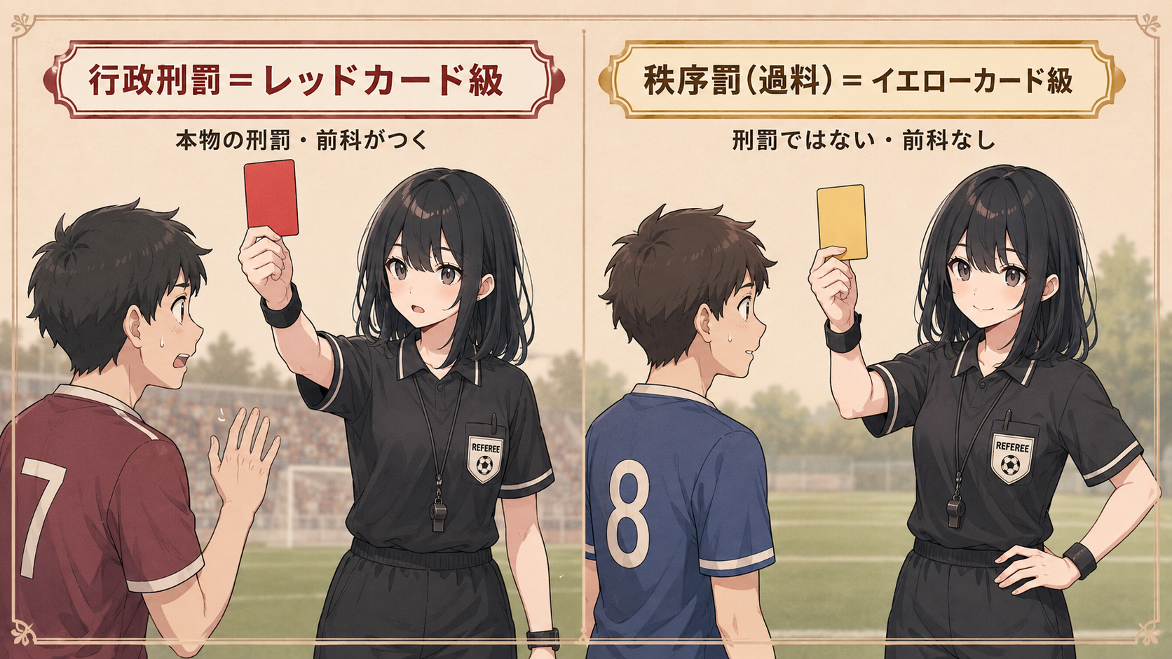 行政刑罰＝レッドカード級。本物の刑罰・前科がつく。秩序罰（過料）＝イエローカード級。刑罰ではない・前科なし