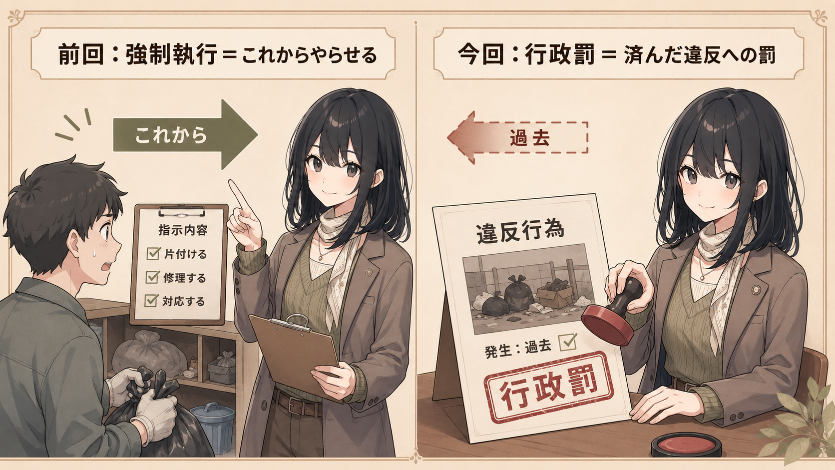 前回：強制執行＝これからやらせる。今回：行政罰＝済んだ違反への罰。未来へやらせる手段と、過去の違反への制裁の対比