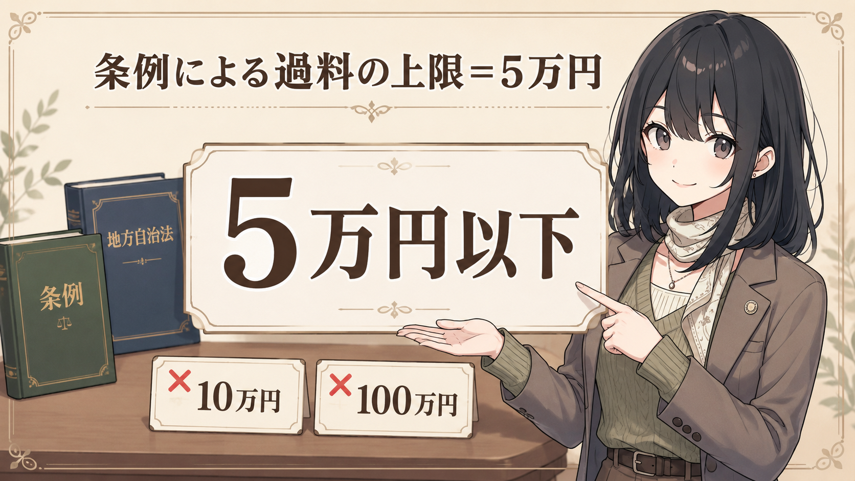条例による過料の上限＝5万円以下（地方自治法14条3項）。10万円・100万円は誤り