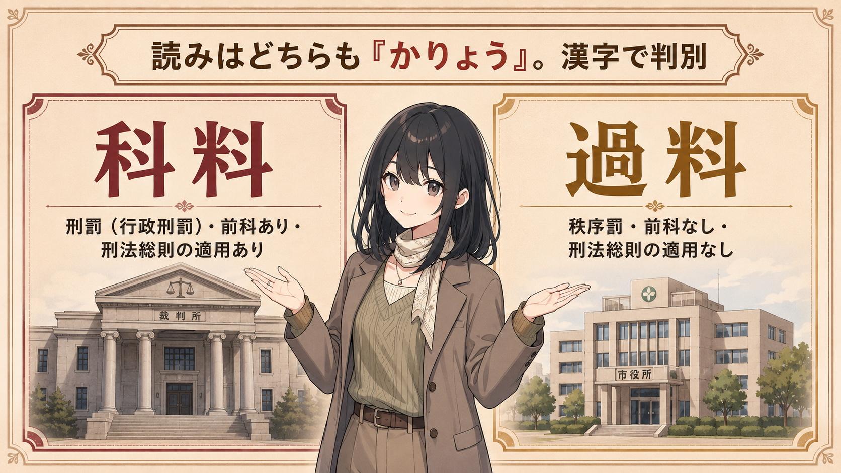 読みはどちらも「かりょう」。漢字で判別。科料＝刑罰（行政刑罰）・前科あり・刑法総則の適用あり。過料＝秩序罰・前科なし・刑法総則の適用なし