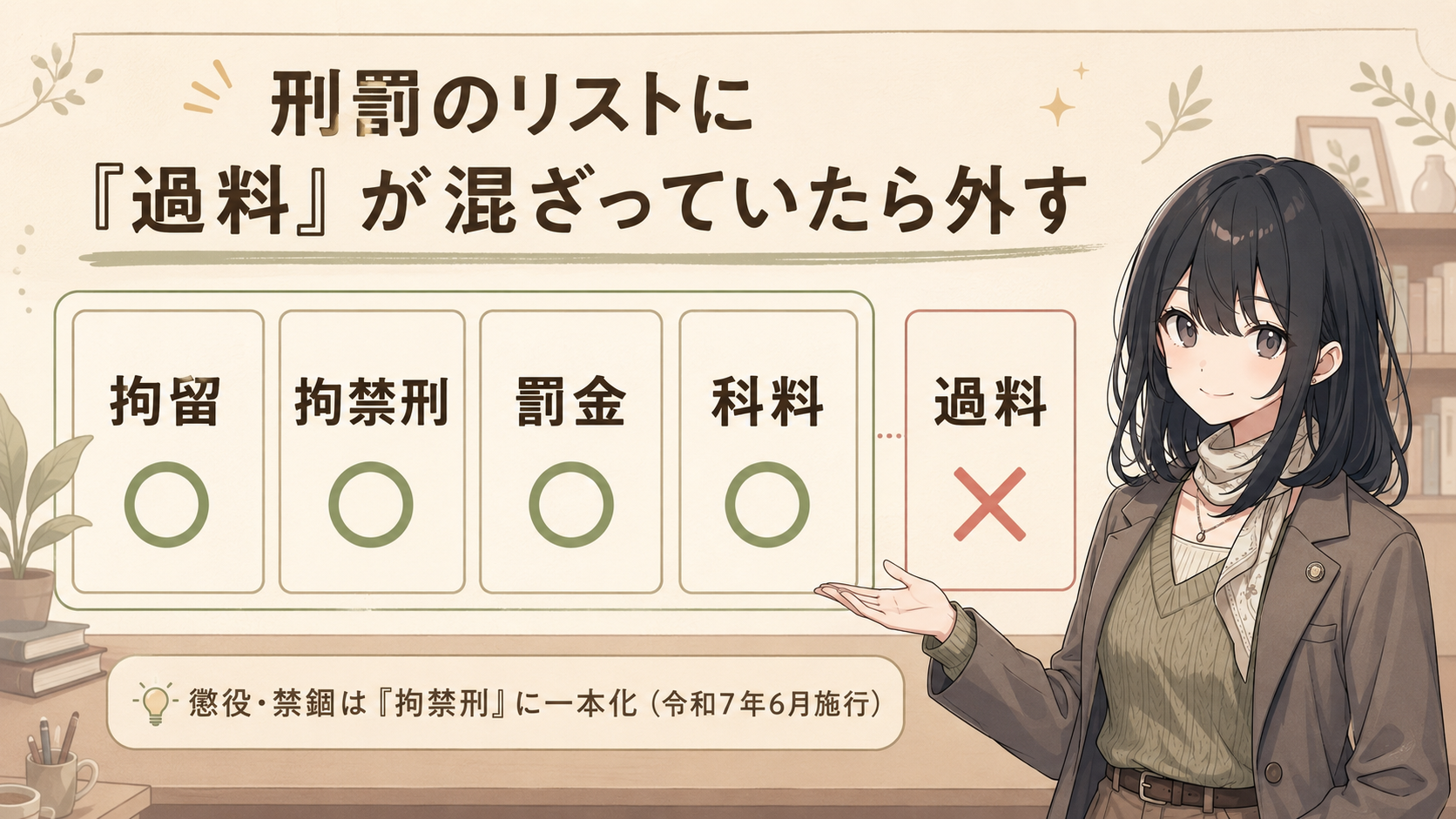 刑罰のリストに「過料」が混ざっていたら外す。拘留・拘禁刑・罰金・科料は刑罰○、過料は✕。懲役・禁錮は拘禁刑に一本化（令和7年6月施行）