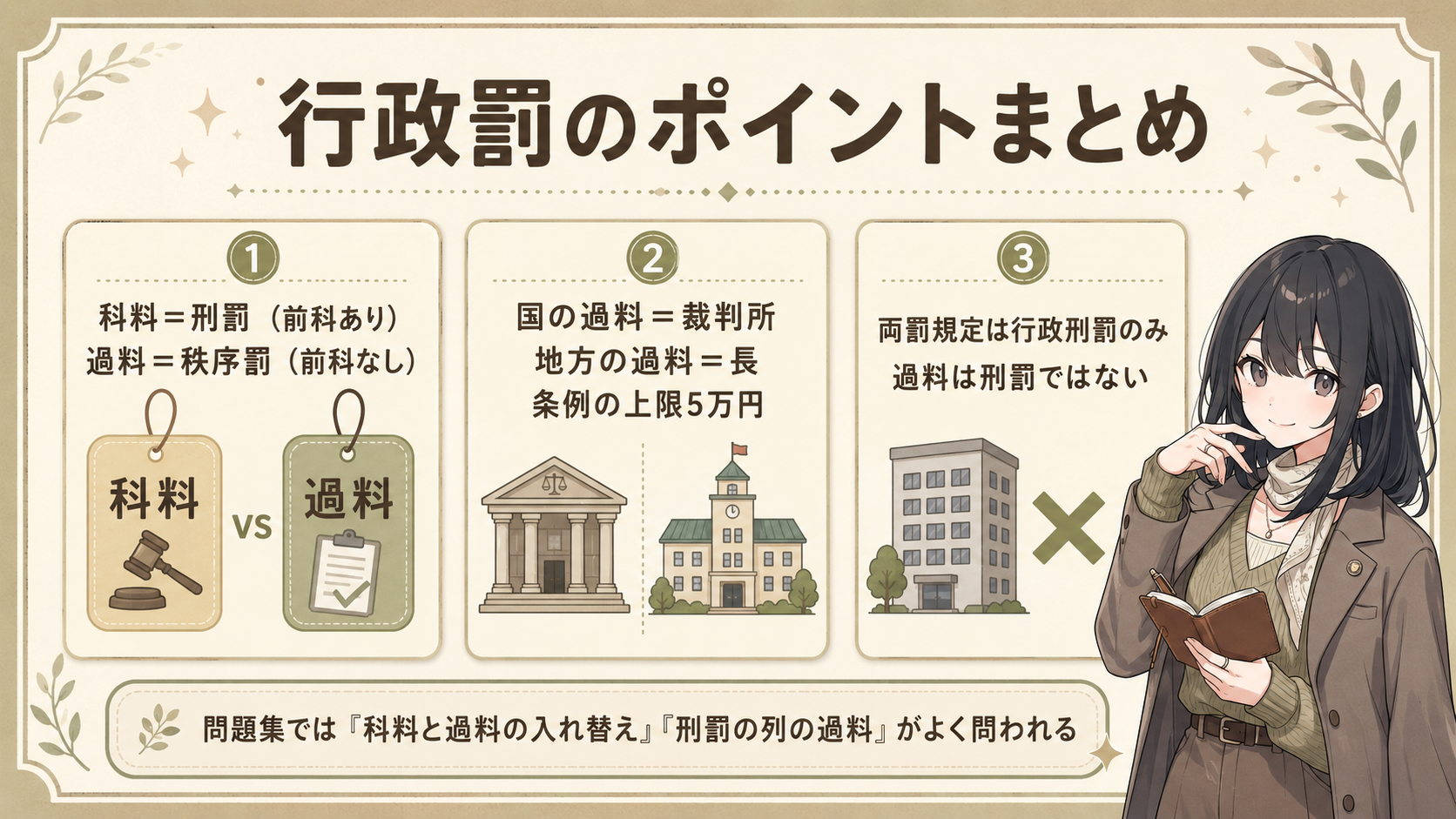 ここだけ覚えればOK。①科料＝刑罰（前科あり）／過料＝秩序罰（前科なし）②国の過料＝裁判所、地方の過料＝長、条例の上限5万円 ③両罰規定は行政刑罰のみ。過料は刑罰ではない