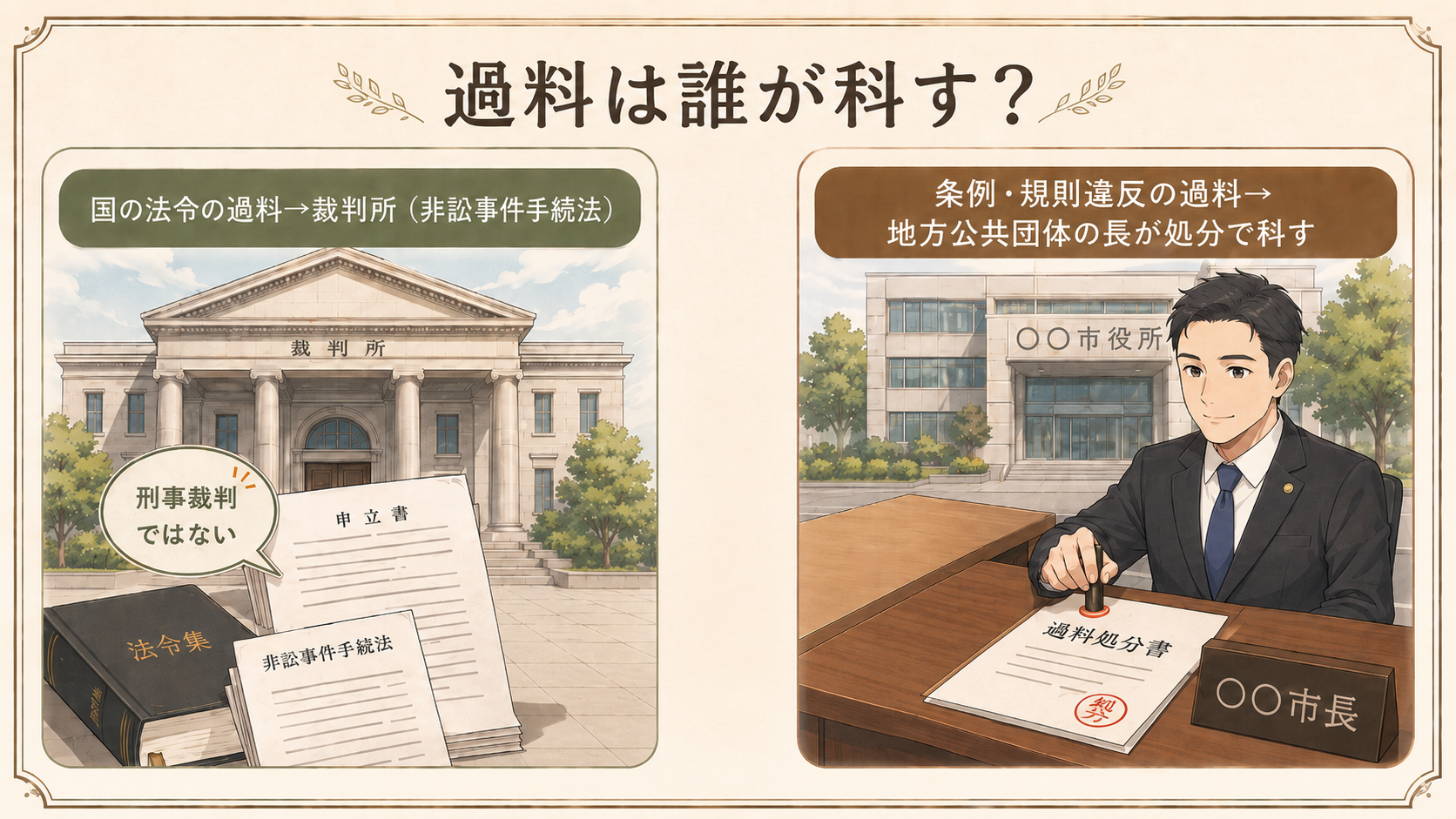 過料は誰が科す？国の法令の過料→裁判所（非訟事件手続法。刑事裁判ではない）。条例・規則違反の過料→地方公共団体の長が処分で科す