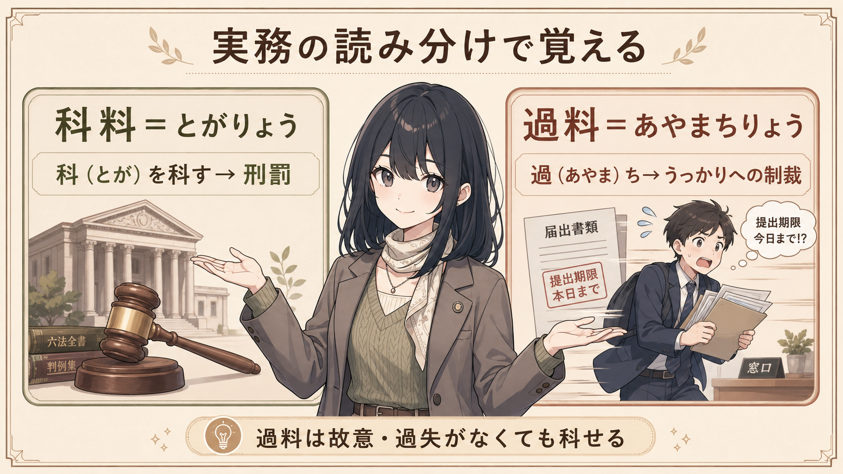実務の読み分けで覚える。科料＝とがりょう。科（とが）を科す→刑罰。過料＝あやまちりょう。過（あやま）ち→うっかりへの制裁。過料は故意・過失がなくても科せる