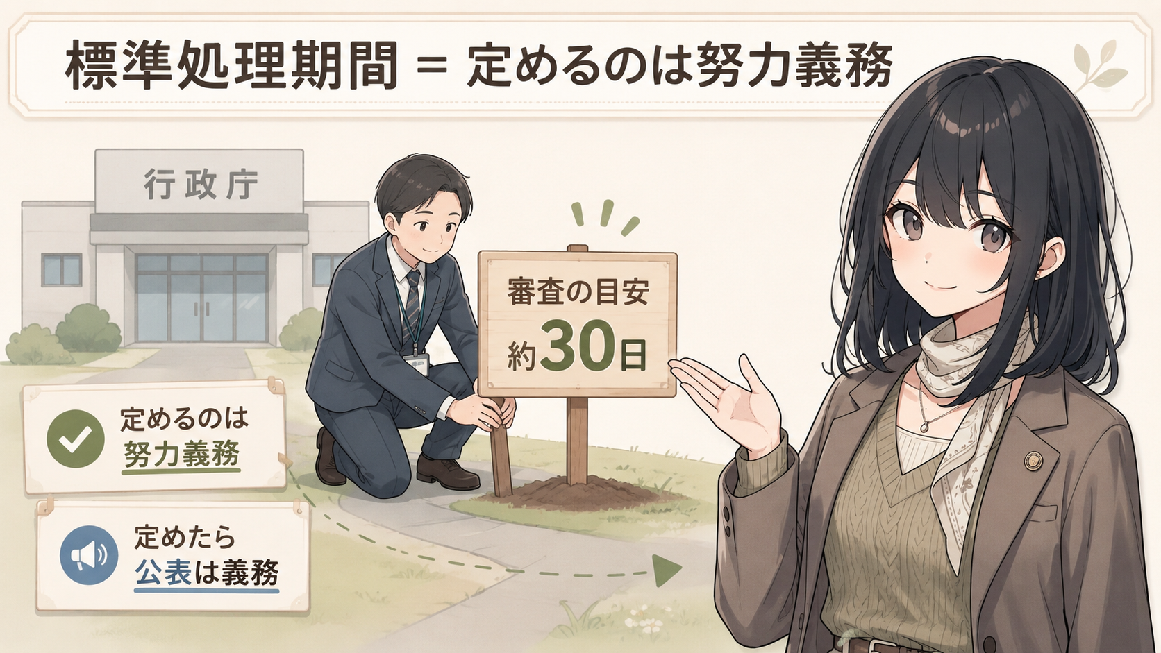 標準処理期間＝定めるのは努力義務。審査の目安・約30日の札。定めたら公表は義務