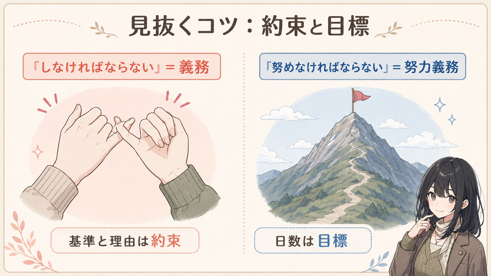 見抜くコツ：約束と目標。「しなければならない」＝義務（基準と理由は約束）。「努めなければならない」＝努力義務（日数は目標）
