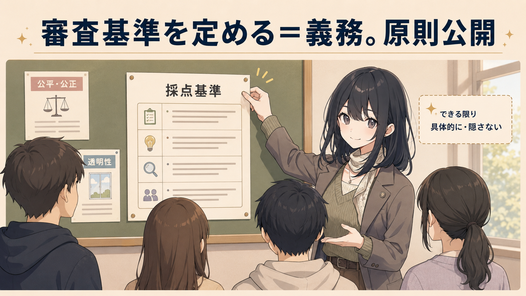 審査基準を定める＝義務。原則公開。先生が採点基準を教室の掲示板に貼り出すたとえ。できる限り具体的に・隠さない