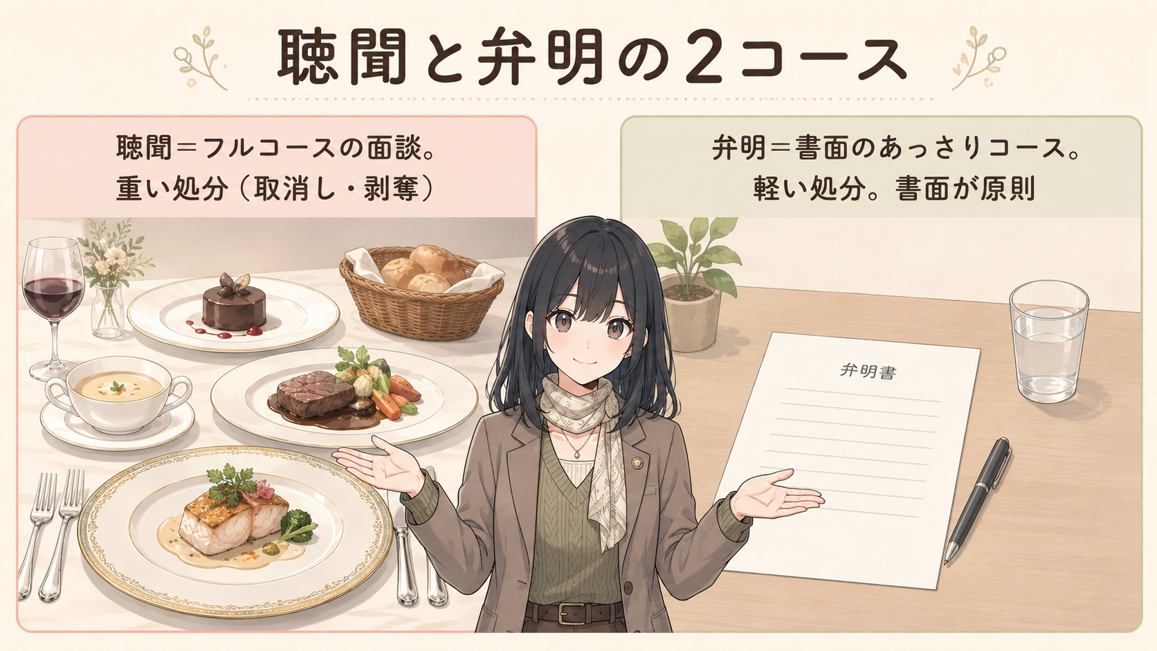 聴聞＝フルコースの面談。重い処分（取消し・剥奪）。弁明＝書面のあっさりコース。軽い処分。書面が原則