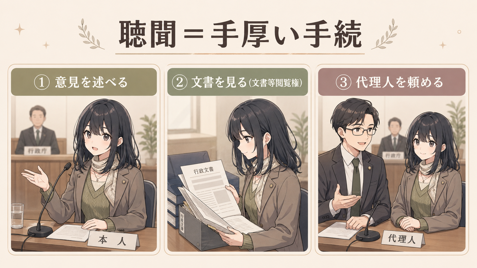 聴聞＝手厚い手続。①意見を述べる ②文書を見る（文書等閲覧権）③代理人を頼める