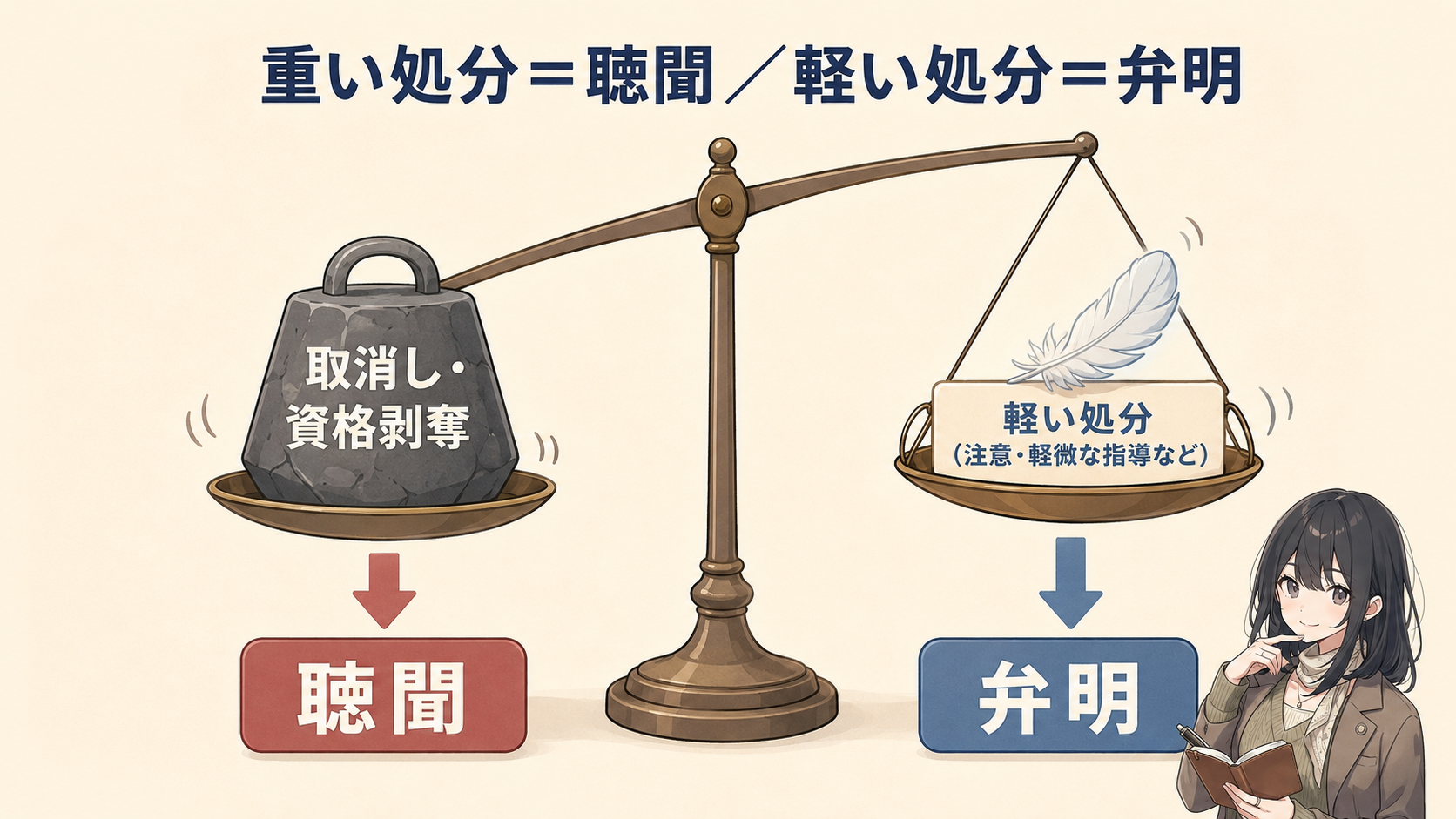 重い処分＝聴聞／軽い処分＝弁明。天秤の重い側（取消し・資格剥奪）は聴聞、軽い側は弁明