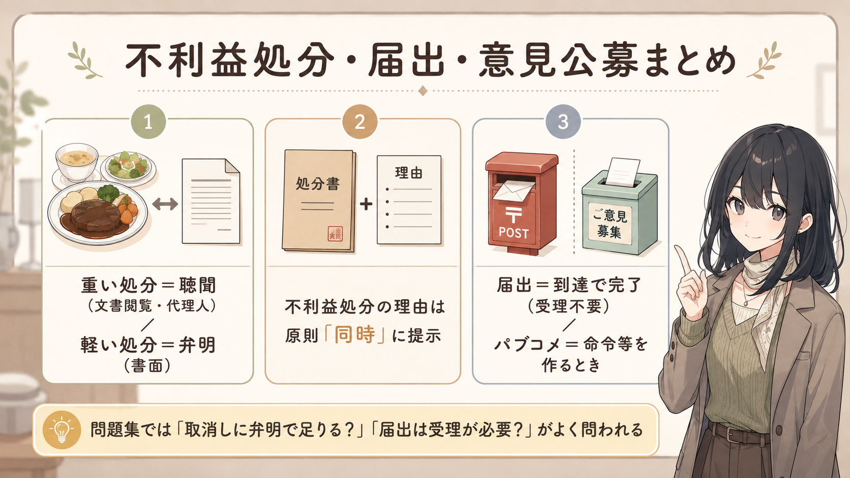ここだけ覚えればOK。①重い処分＝聴聞（文書閲覧・代理人）／軽い処分＝弁明（書面）②不利益処分の理由は原則同時に提示 ③届出＝到達で完了（受理不要）／パブコメ＝命令等を作るとき