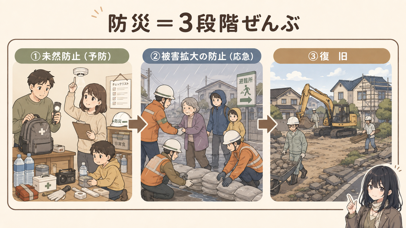 防災の3段階。①未然防止（予防）の備蓄・点検、②被害拡大の防止（応急）の水防活動、③復旧の工事が時間軸でつながる