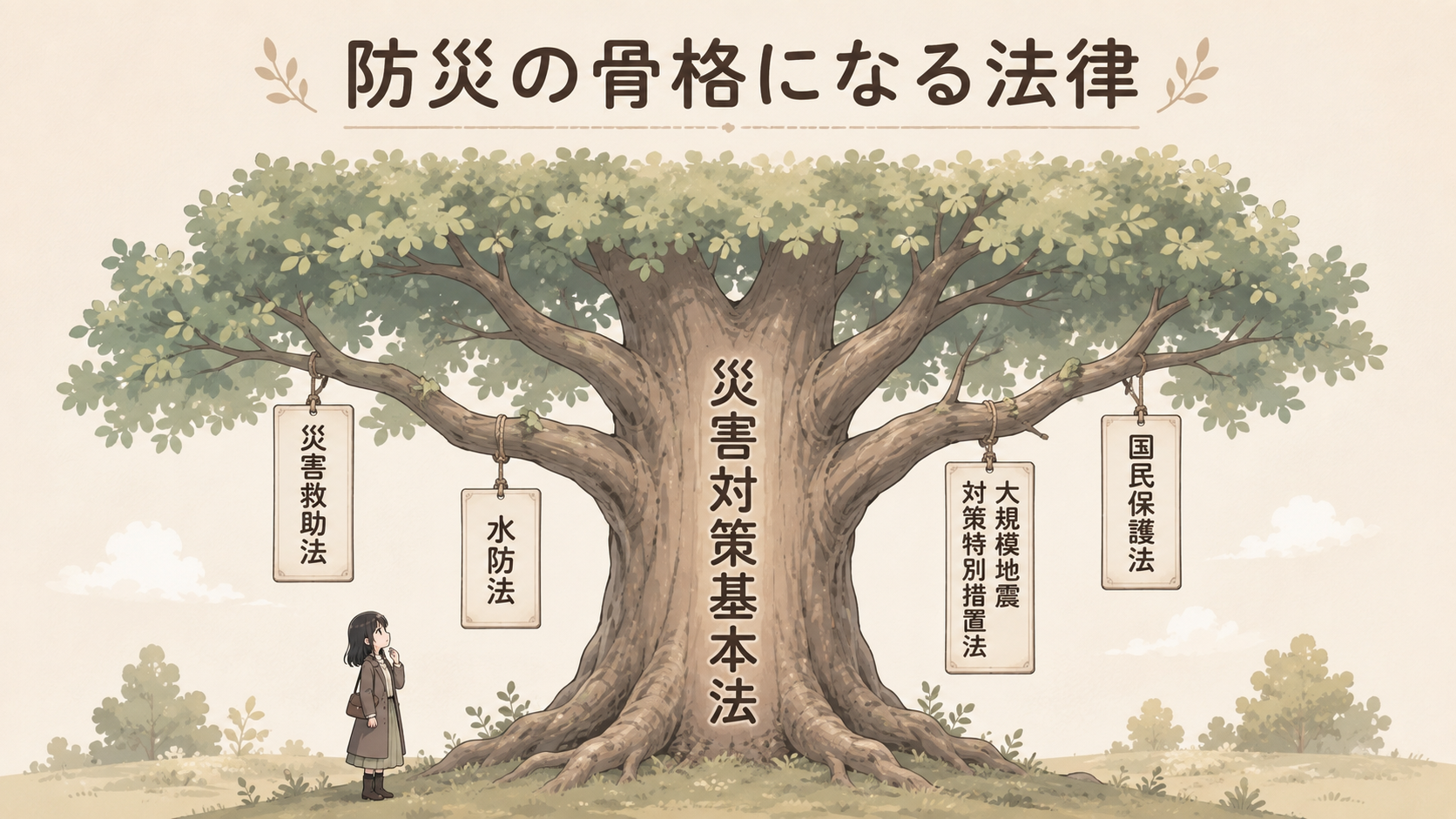 災害対策基本法を太い幹とする大きな木。枝に災害救助法・水防法・大規模地震対策特別措置法・国民保護法の札が下がっている