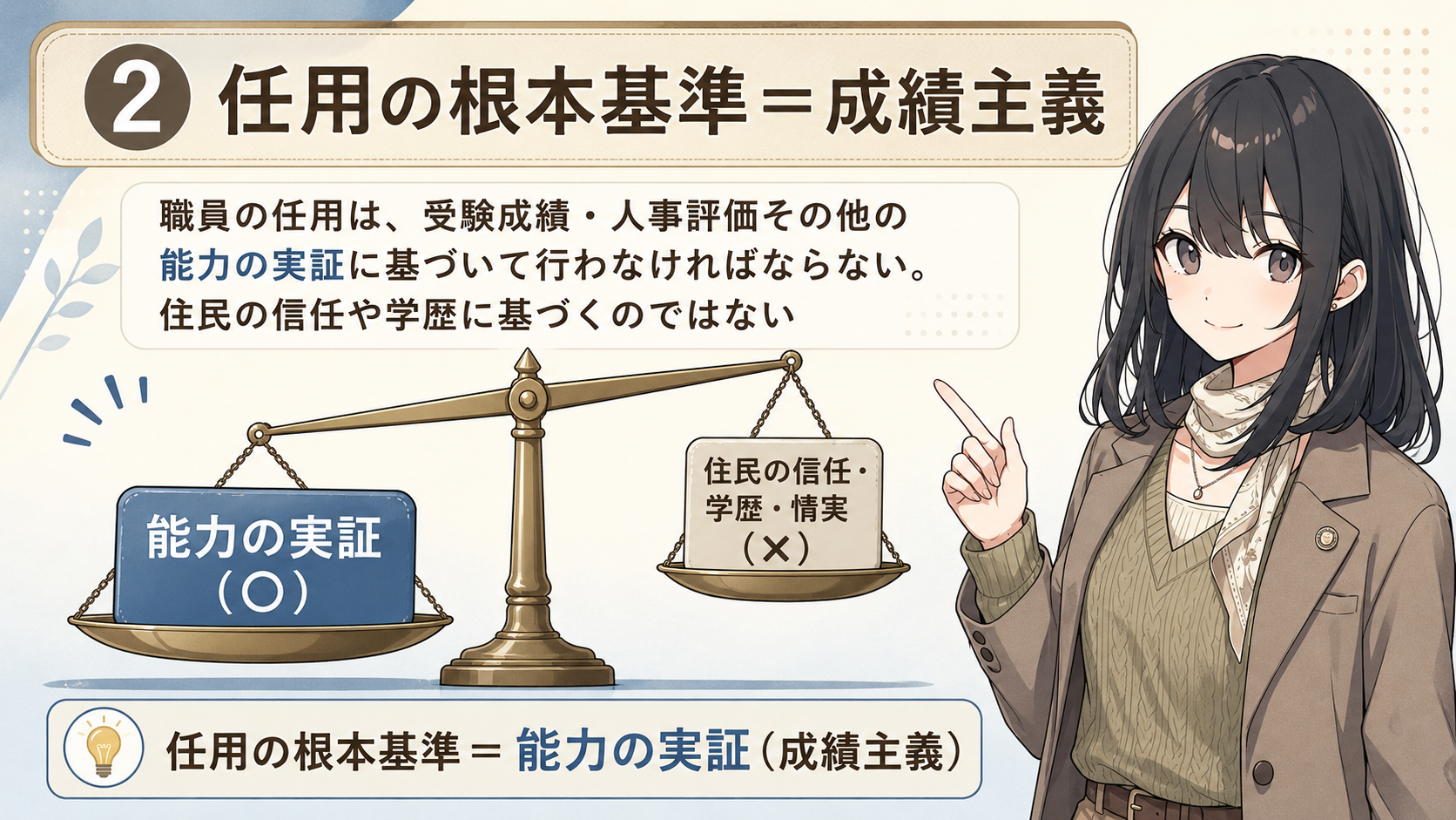 任用の根本基準＝成績主義。職員の任用は、受験成績・人事評価その他の能力の実証に基づいて行わなければならない。住民の信任や学歴に基づくのではない。任用の根本基準＝能力の実証（成績主義）