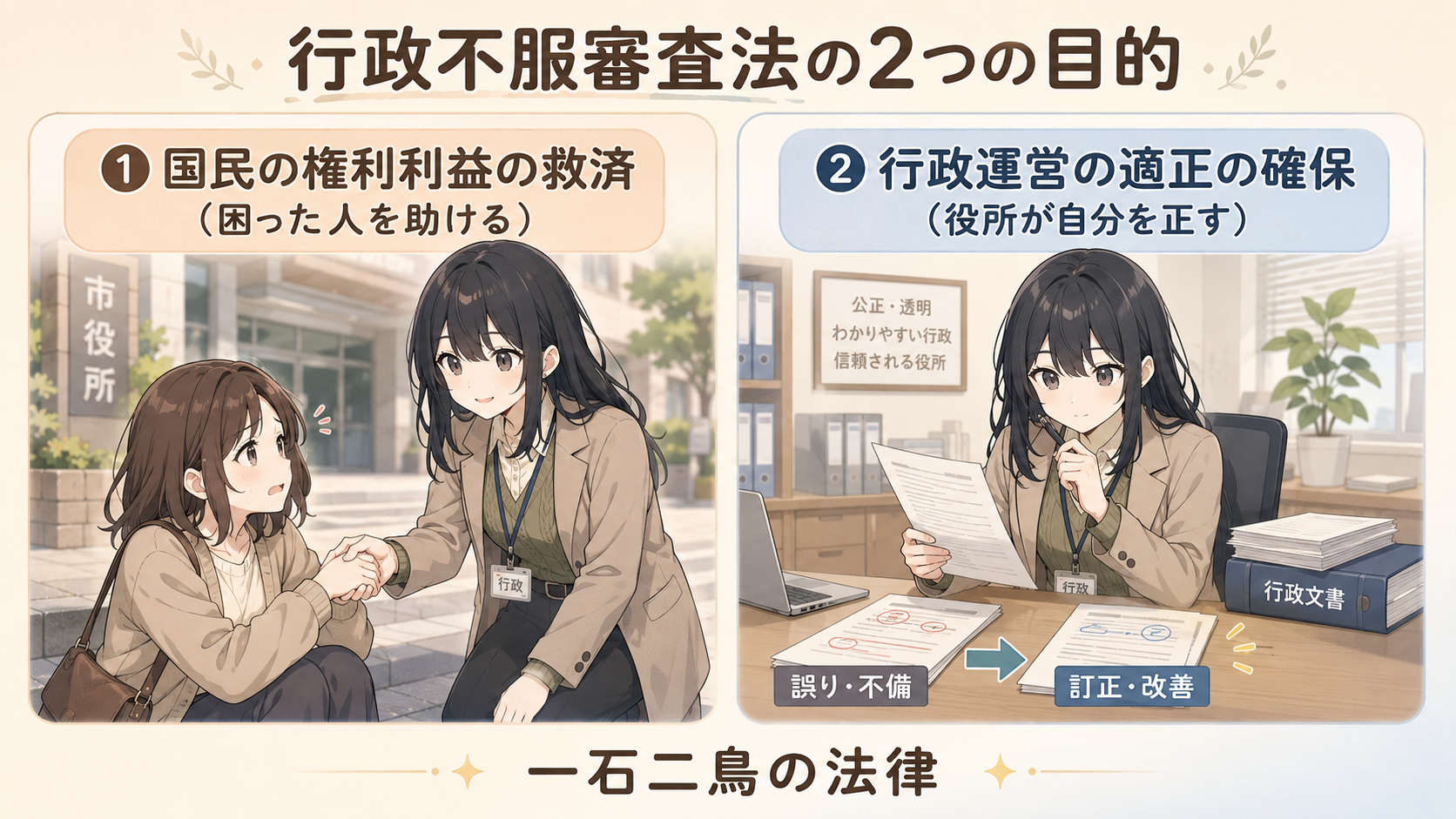 行政不服審査法の2つの目的。①国民の権利利益の救済（困った人を助ける）②行政運営の適正の確保（役所が自分を正す）。一石二鳥の法律