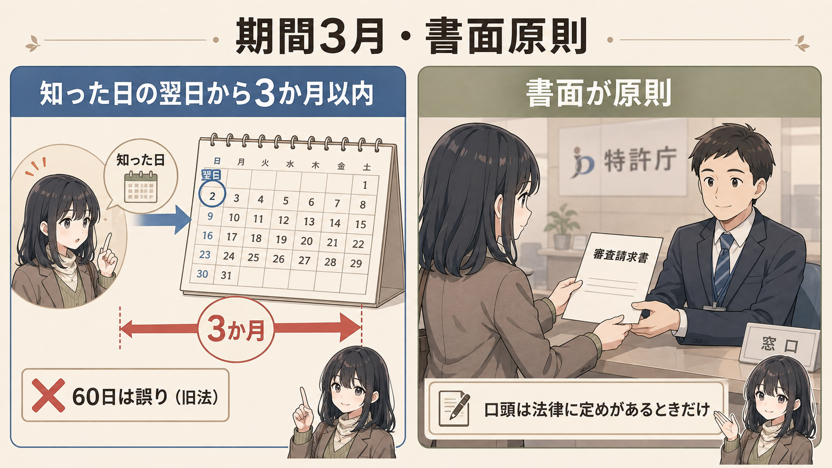期間3月・書面原則。知った日の翌日から3か月以内（60日は誤り・旧法）。書面が原則（口頭は法律に定めがあるときだけ）