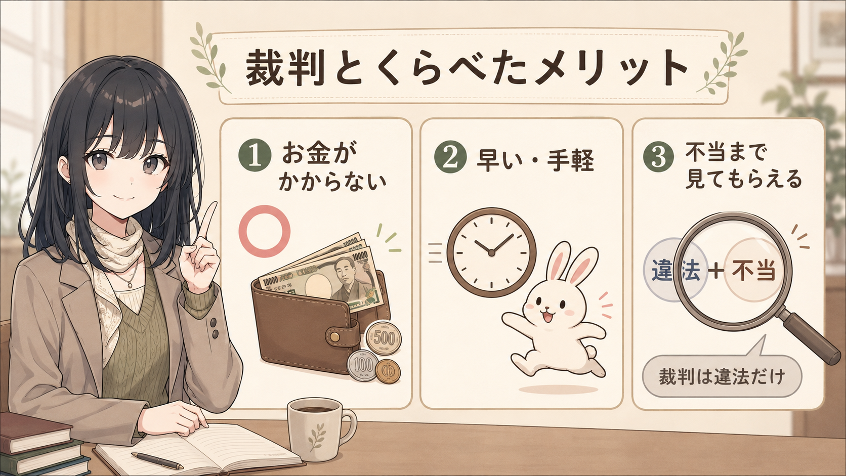 裁判とくらべたメリット。①お金がかからない ②早い・手軽 ③不当まで見てもらえる（裁判は違法だけ）