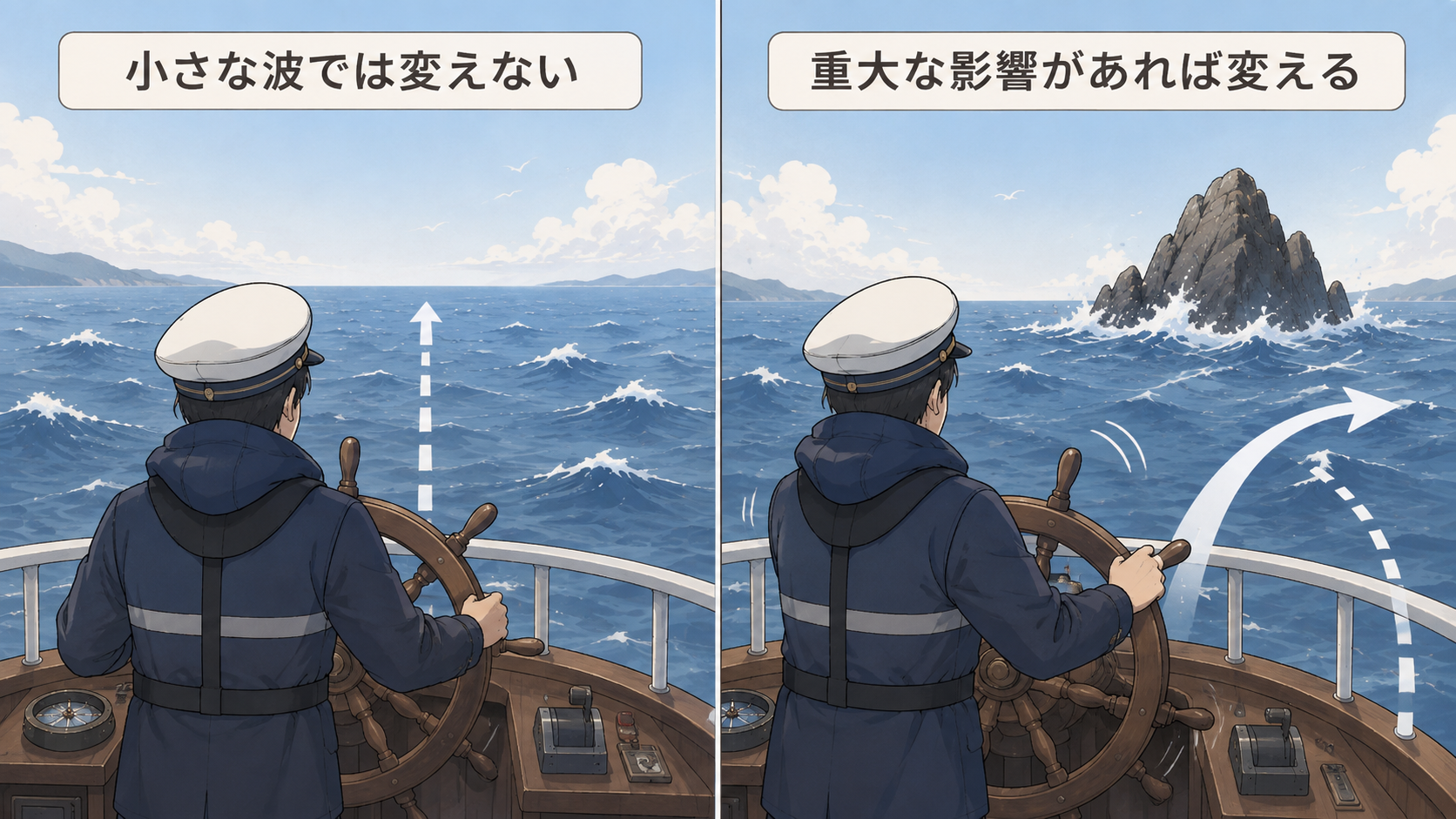 小さな波では舵を切らず、大きな岩が現れたら舵を切る船長