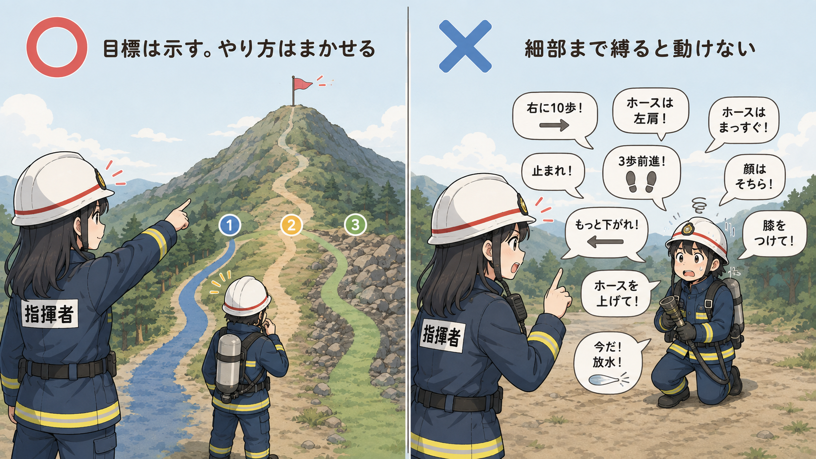 左は目標だけ示して部下がルートを選ぶ○の場面、右は細部まで指示されて動けない×の場面