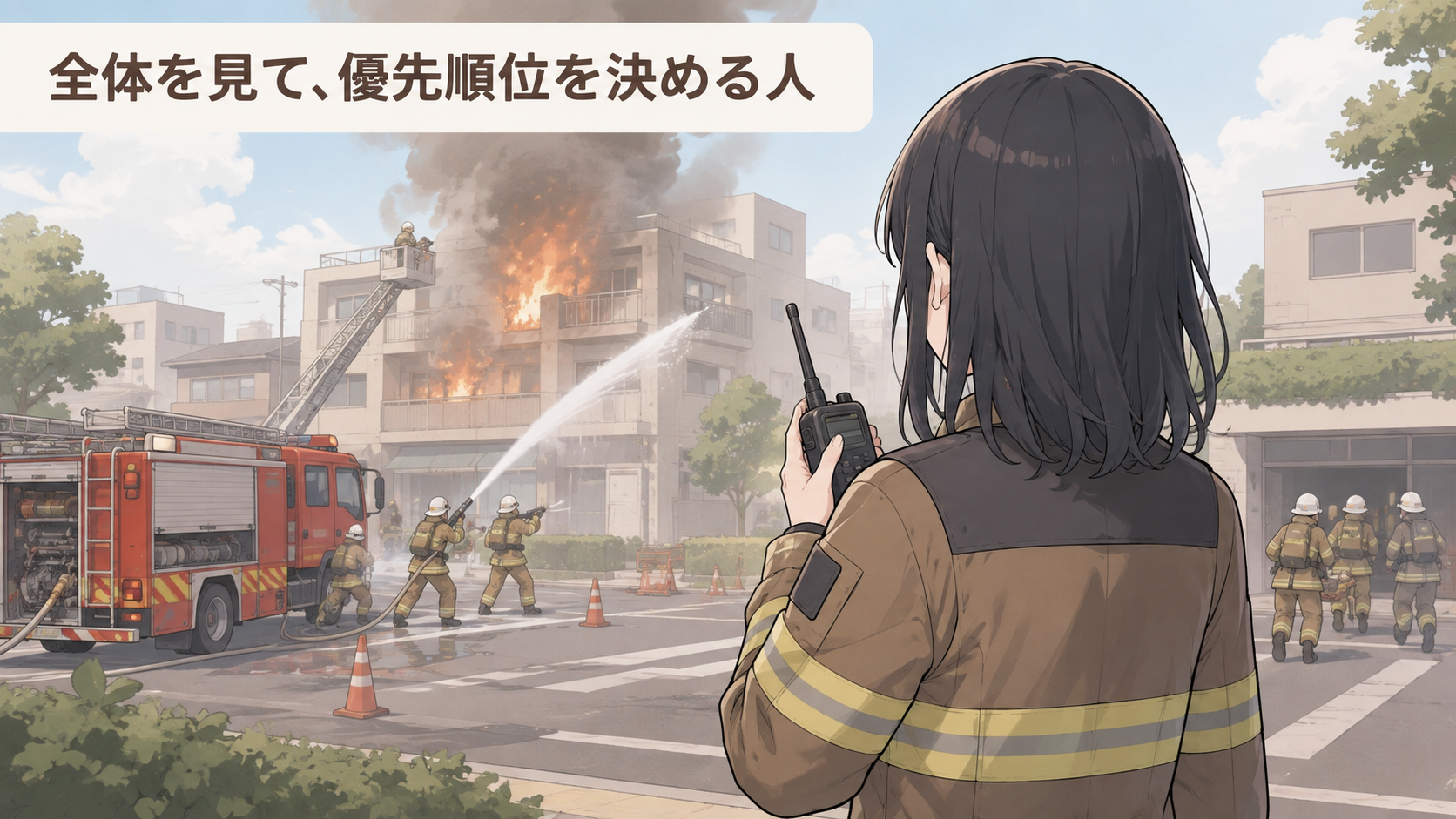 火災現場を見わたす指揮者。ホースは持たず無線機だけを手にしている