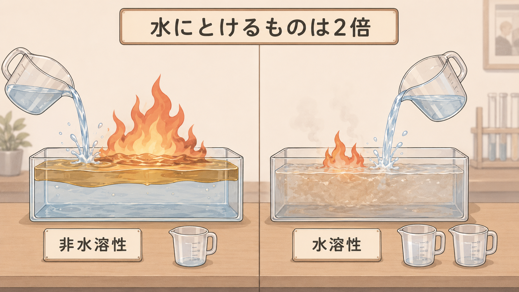 非水溶性は水をかけても油が浮いて燃え続け計量カップ1つ、水溶性は水で薄まって炎が小さくなり計量カップ2つという対比図